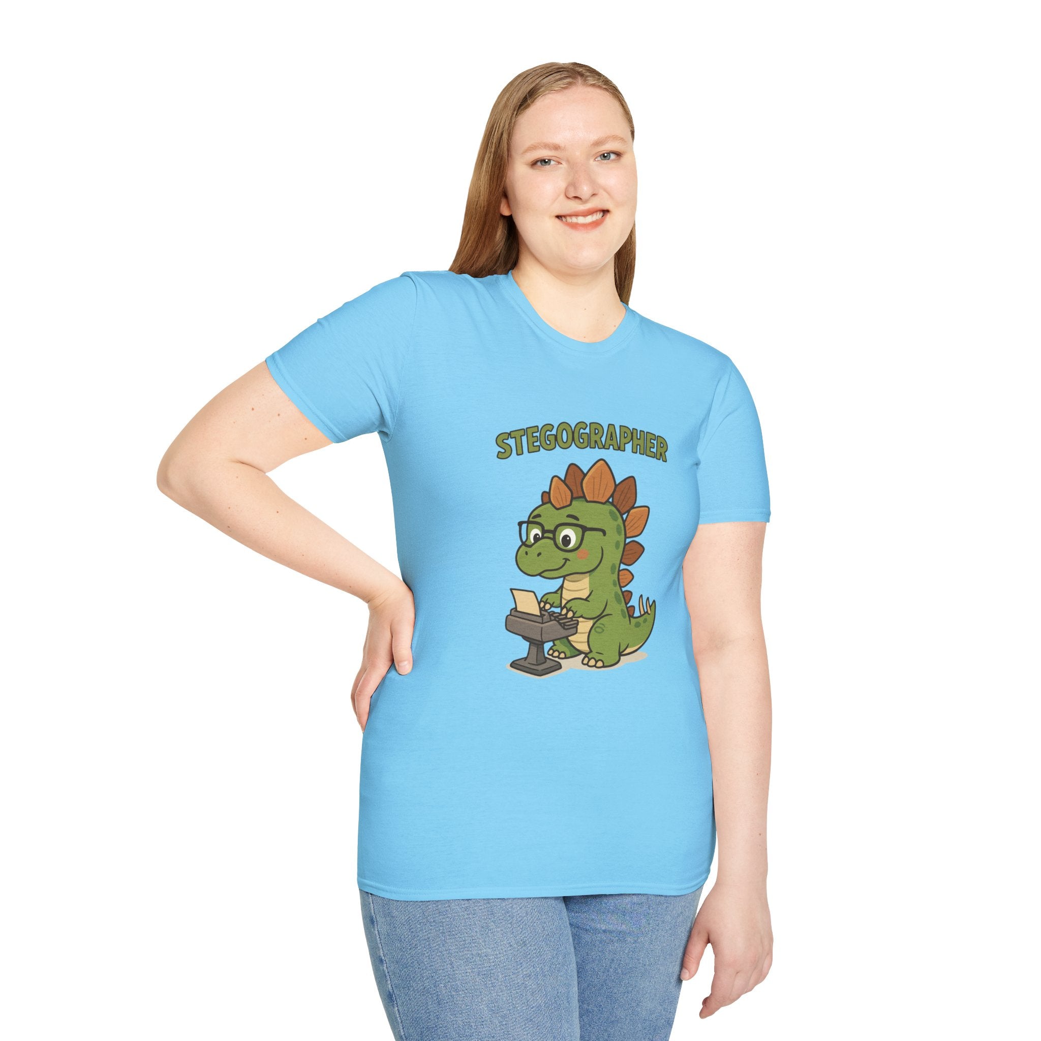 Stegographer Funny Stegosaurus Stenographer Mashup Softstyle Tee, Dino Wordplay Shirt, Unisex Tshirt Gift, Office tee for Dinosaur