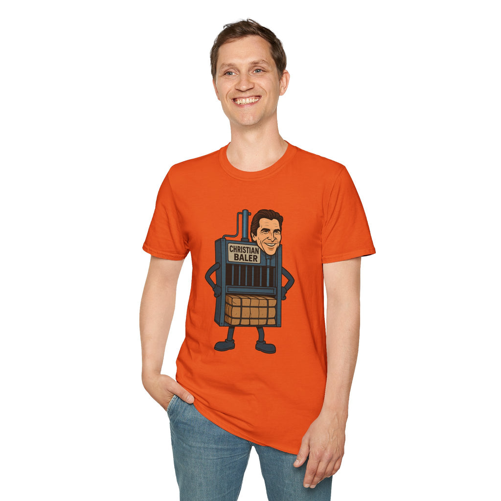 Christian Baler Funny Shirt, Parody Tee, Unisex Softstyle T-Shirt, Comedy Mashup Top, Christian Bale Cardboard Baler Machine, Gift for Movie