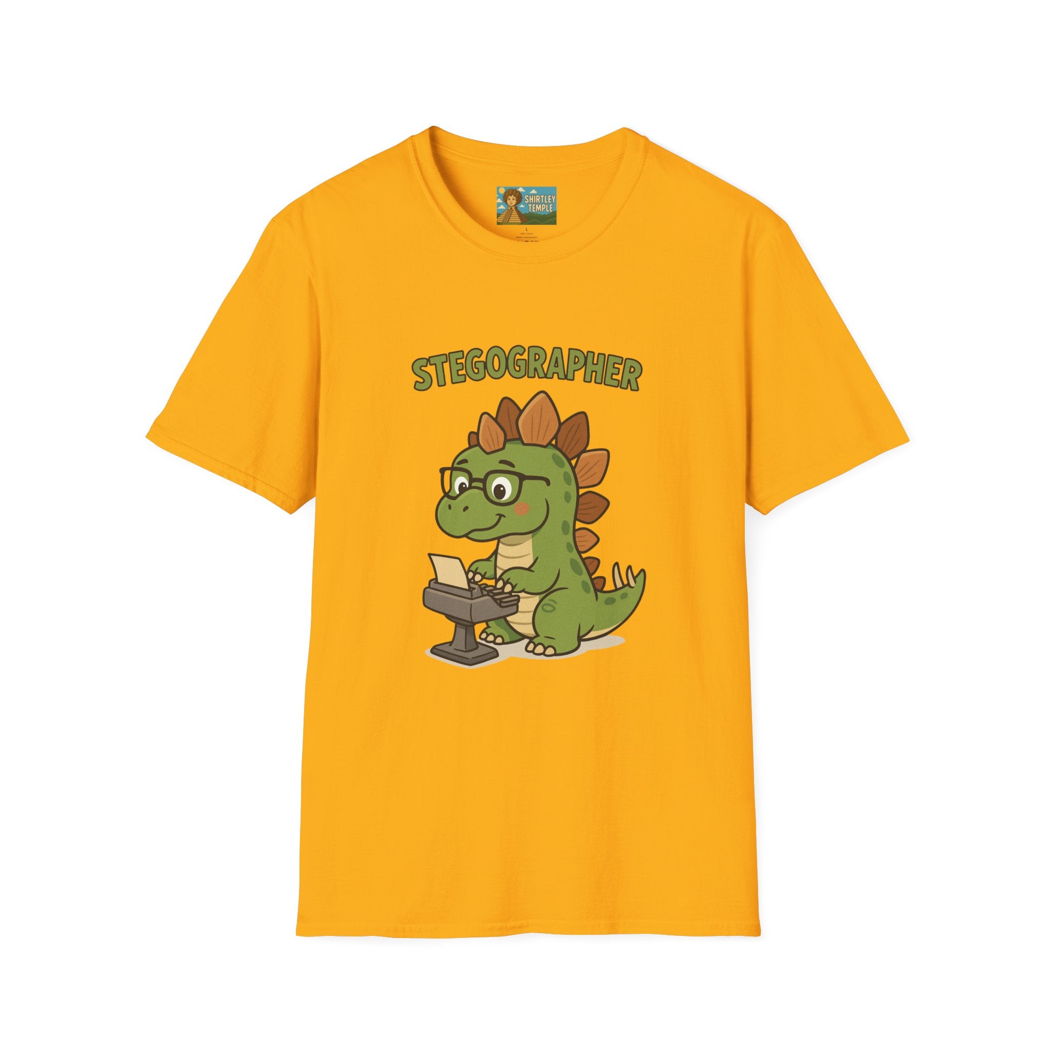 Stegographer Funny Stegosaurus Stenographer Mashup Softstyle Tee, Dino Wordplay Shirt, Unisex Tshirt Gift, Office tee for Dinosaur