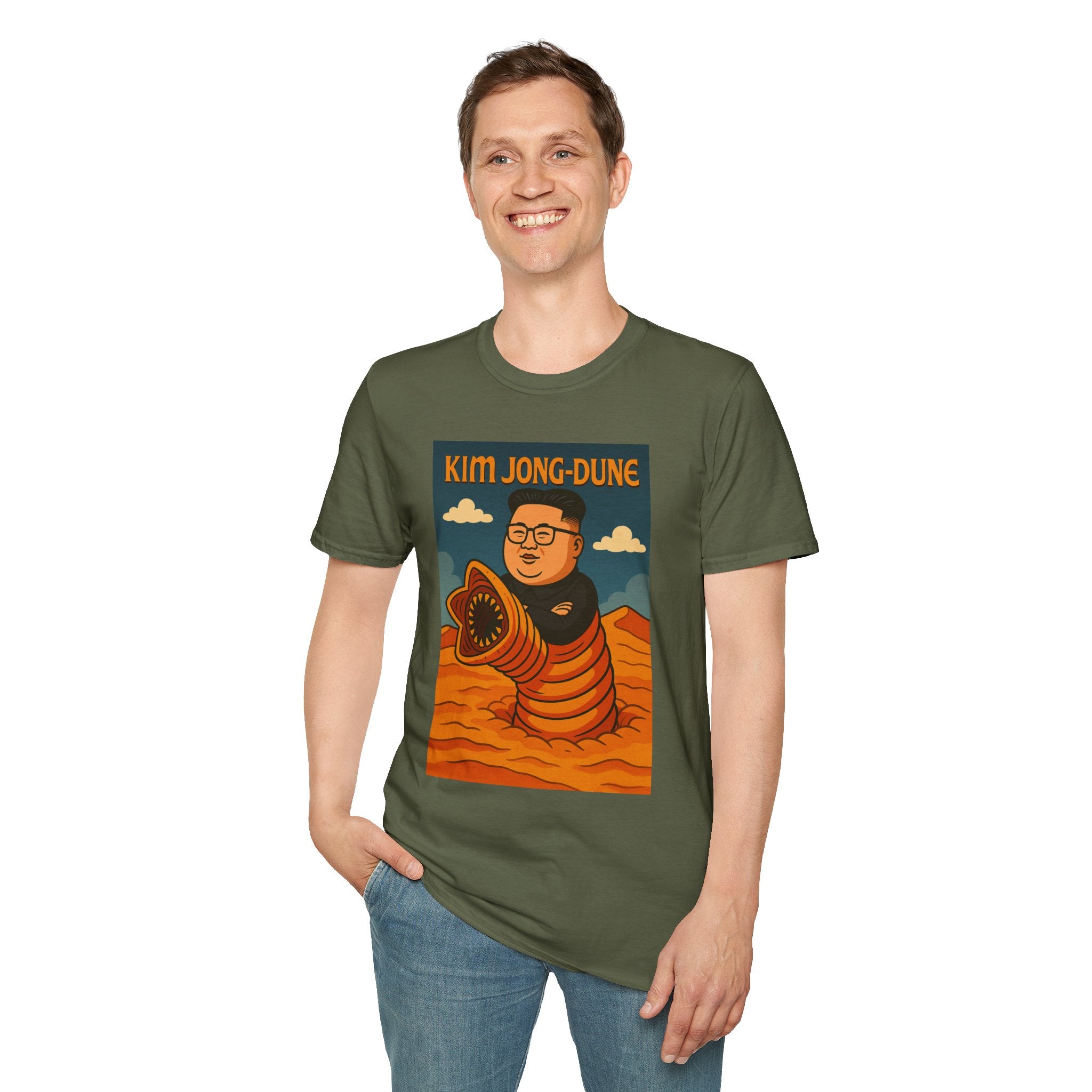 Kim Jong-Dune Funny T-Shirt, Mashup Wordplay Shirt, Sandworm Movie Tee, Unisex Softstyle Top, Kim Jong Un Fan, Dune Lover Gift