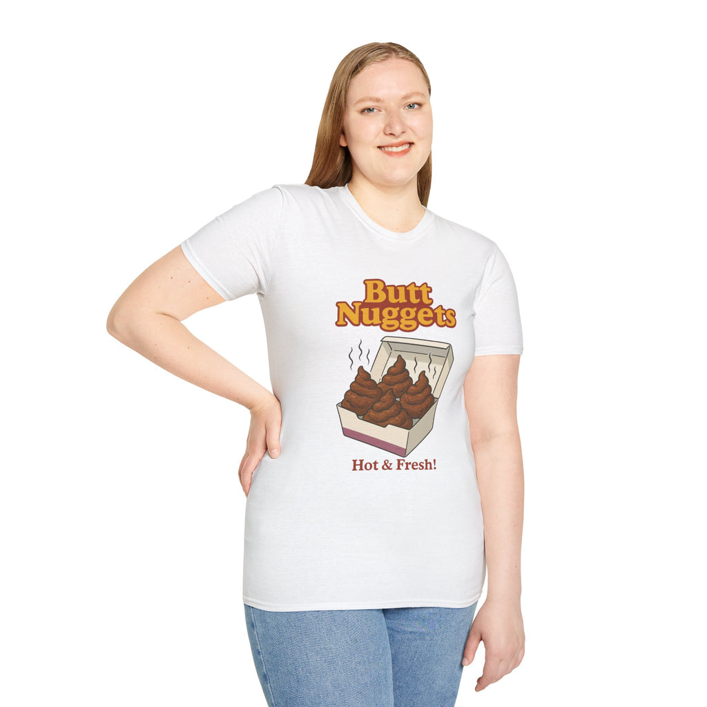 Butt Nuggets Funny Unisex Softstyle T-Shirt, Chicken Poop Pun Tee, Hilarious Wordplay Apparel, Comfy Graphic Shirt, Unisex Shirt for Joke