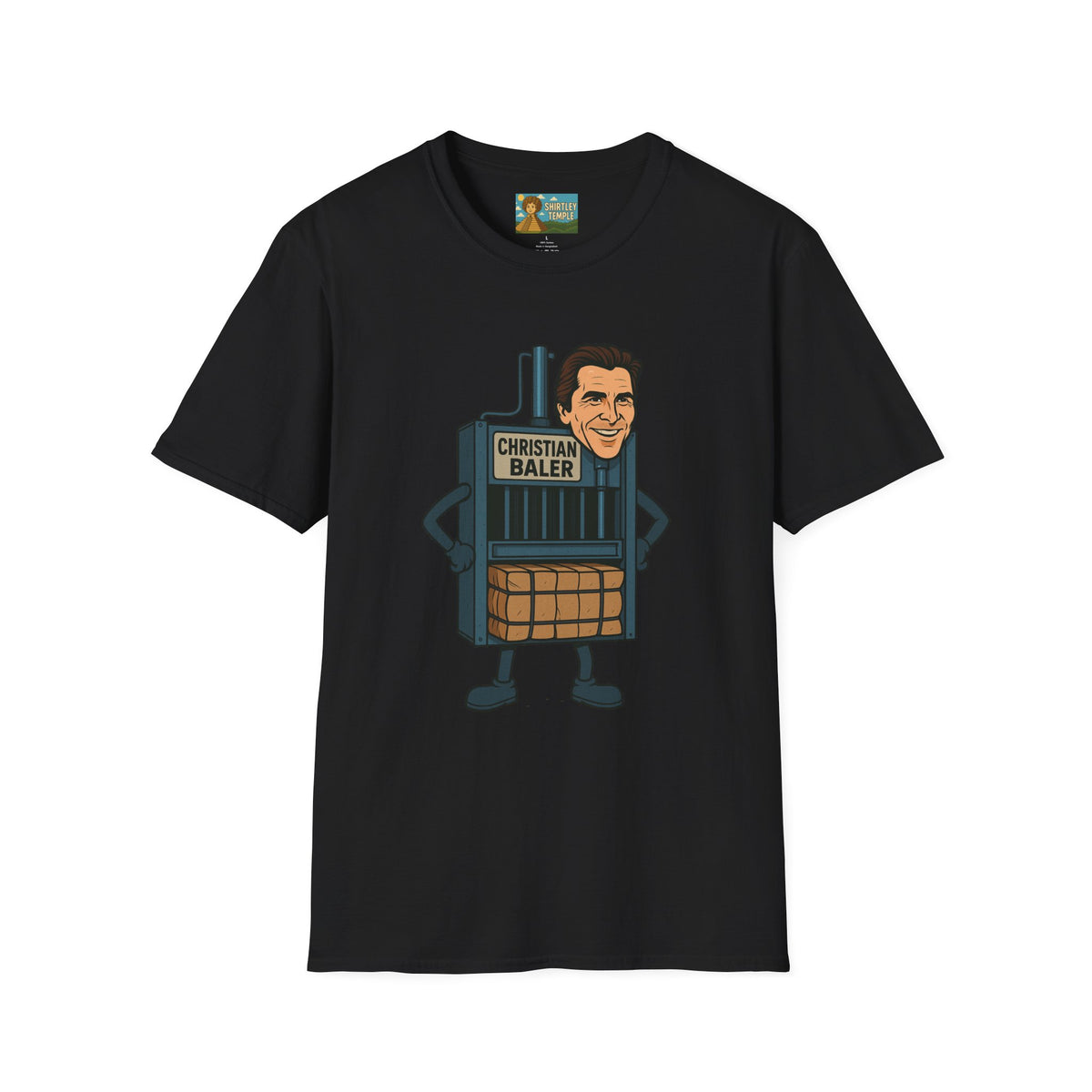 Christian Baler Funny Shirt, Parody Tee, Unisex Softstyle T-Shirt, Comedy Mashup Top, Christian Bale Cardboard Baler Machine, Gift for Movie