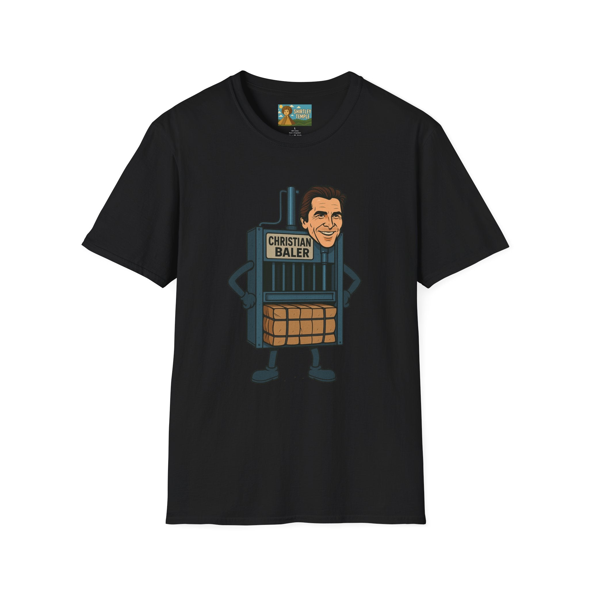 Christian Baler Funny Shirt, Parody Tee, Unisex Softstyle T-Shirt, Comedy Mashup Top, Christian Bale Cardboard Baler Machine, Gift for Movie