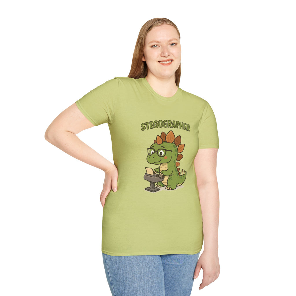Stegographer Funny Stegosaurus Stenographer Mashup Softstyle Tee, Dino Wordplay Shirt, Unisex Tshirt Gift, Office tee for Dinosaur