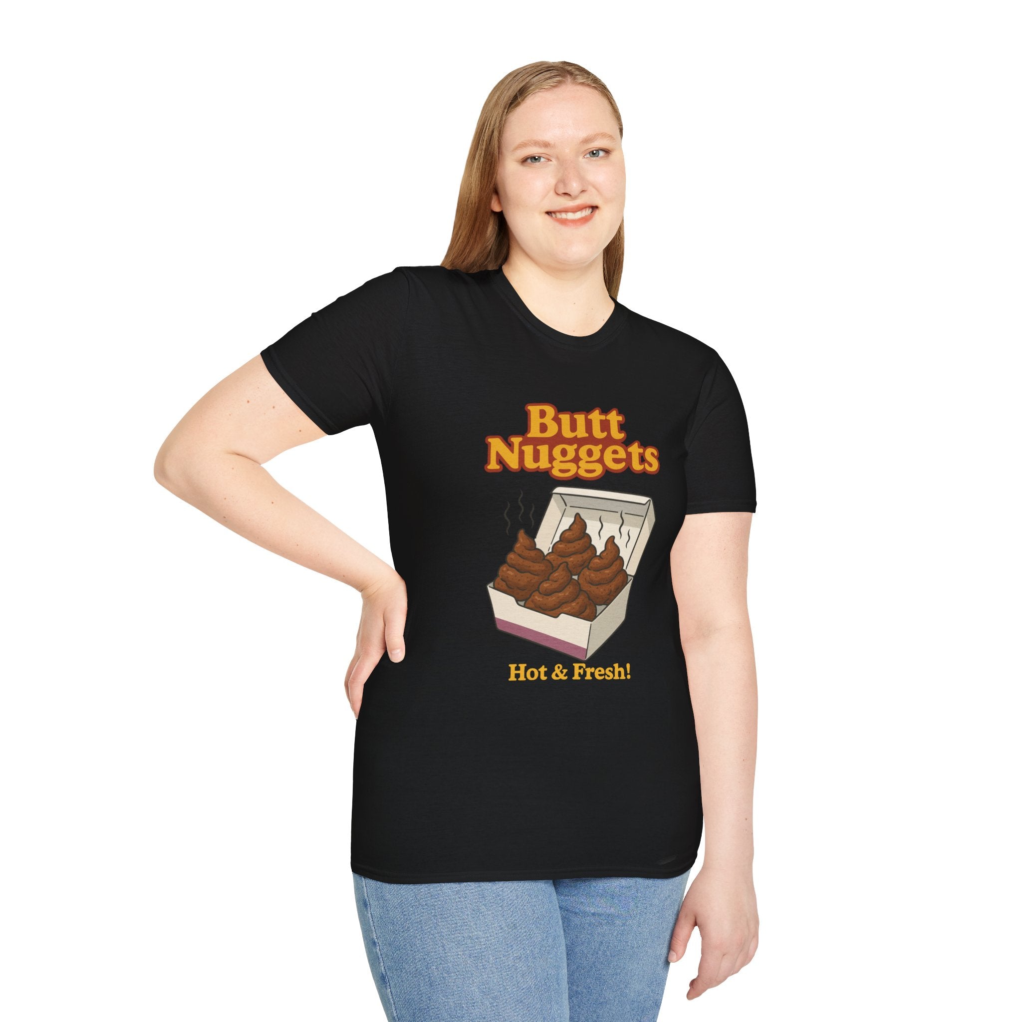 Butt Nuggets Funny Unisex Softstyle T-Shirt, Chicken Poop Pun Tee, Hilarious Wordplay Apparel, Comfy Graphic Shirt, Unisex Shirt for Joke