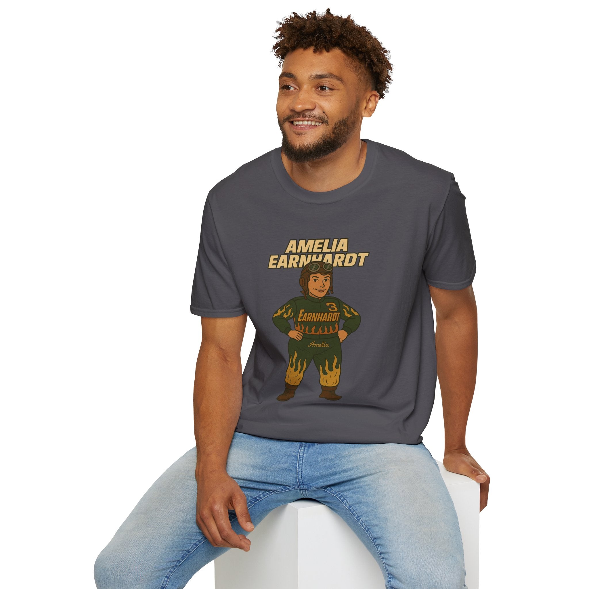 Amelia Earnhardt Funny Mashup Unisex Softstyle T-Shirt, Pilot Pun Tee, Earhart Earnhardt Gift, Aviation Racing Shirt
