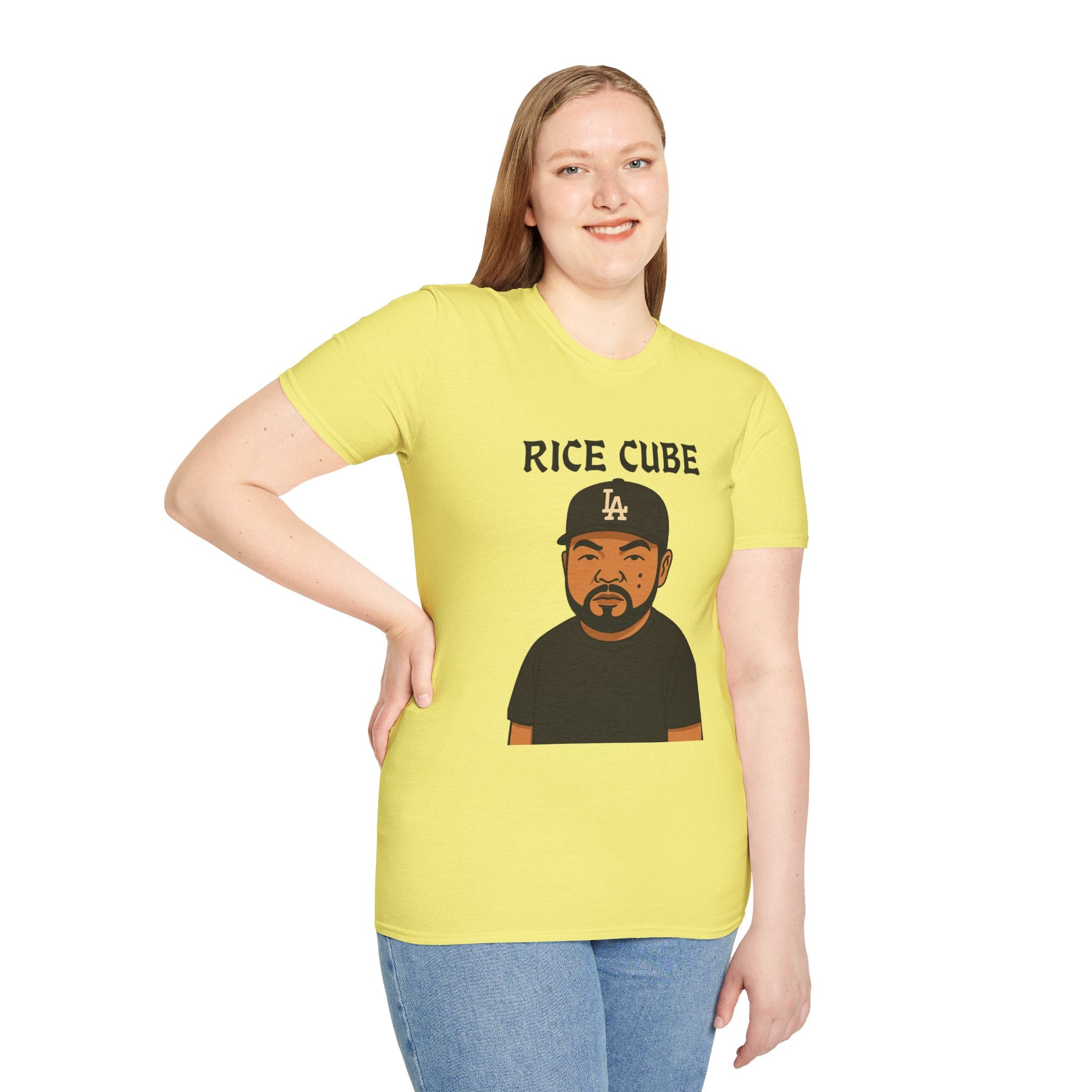 Rice Cube Funny T-Shirt, Ice Cube Asian Parody Shirt, Wordplay Tee, Hip-Hop Music Fan Gift, Unisex Softstyle Top