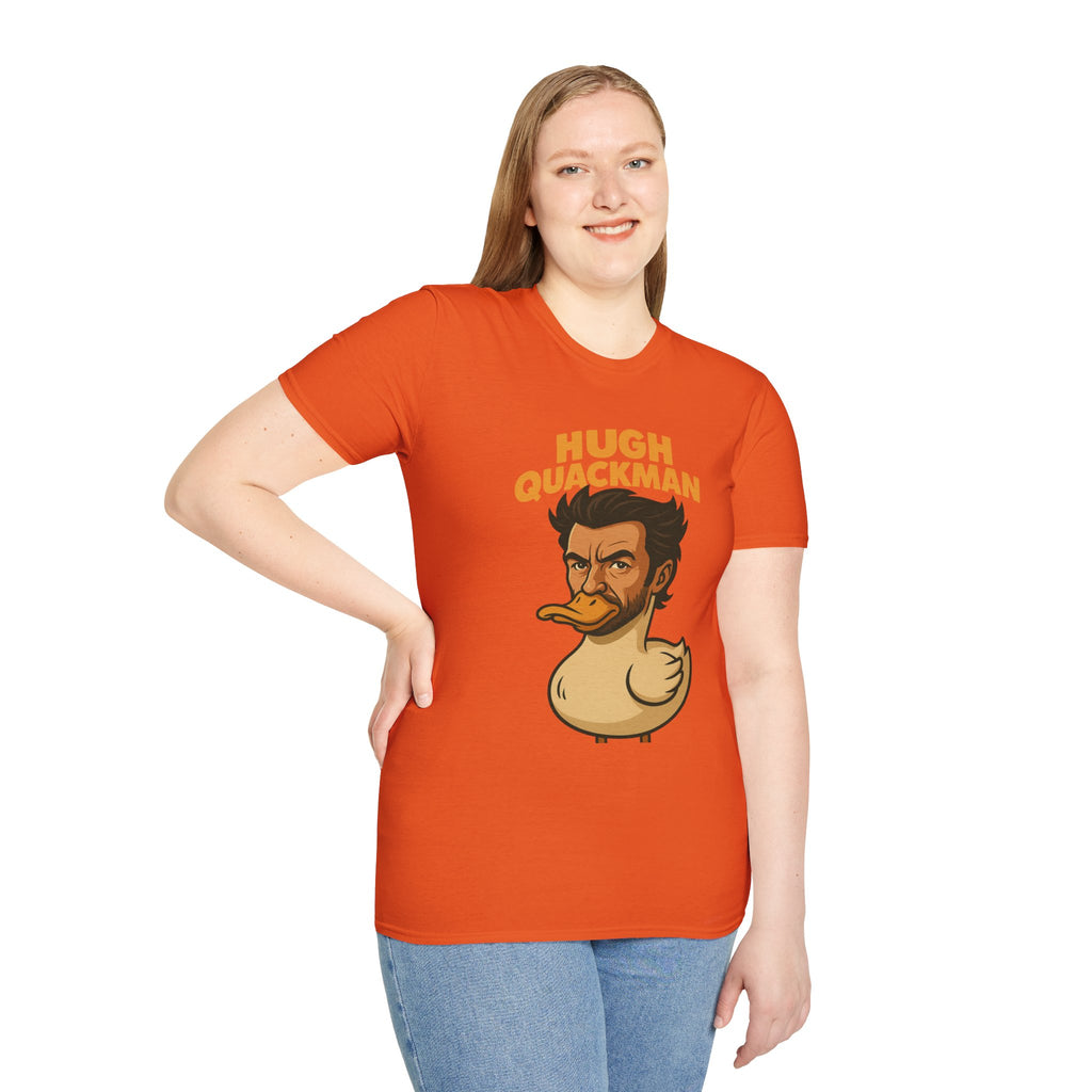 Hugh Quackman Funny Shirt, Parody Apparel, Hugh Jackman Duck Tee, Comedy Tribute, Wordplay Mashup, Unisex Softstyle T-Shirt