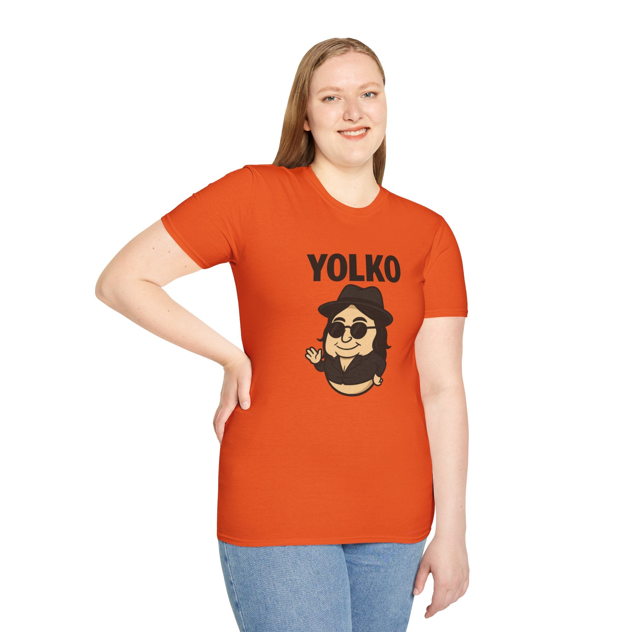 Yolko Funny Parody Unisex Softstyle T-Shirt, Egg Wordplay Tee, Humorous Yoko Tribute Shirt, Novelty Graphic Top, Comical Musician Fan Gift