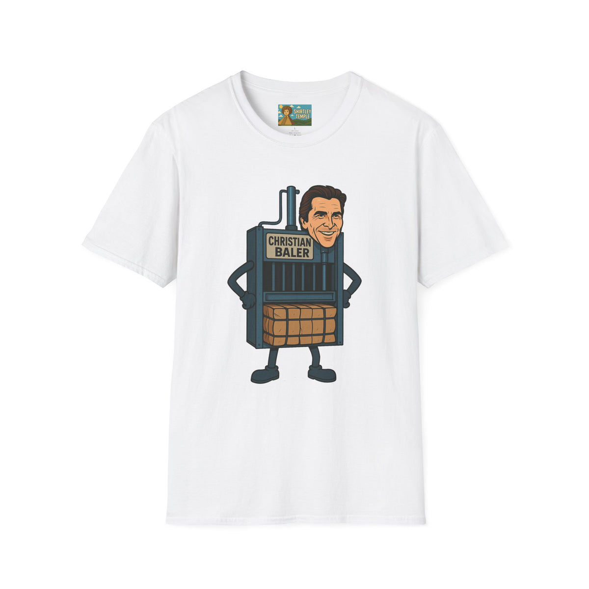 Christian Baler Funny Shirt, Parody Tee, Unisex Softstyle T-Shirt, Comedy Mashup Top, Christian Bale Cardboard Baler Machine, Gift for Movie
