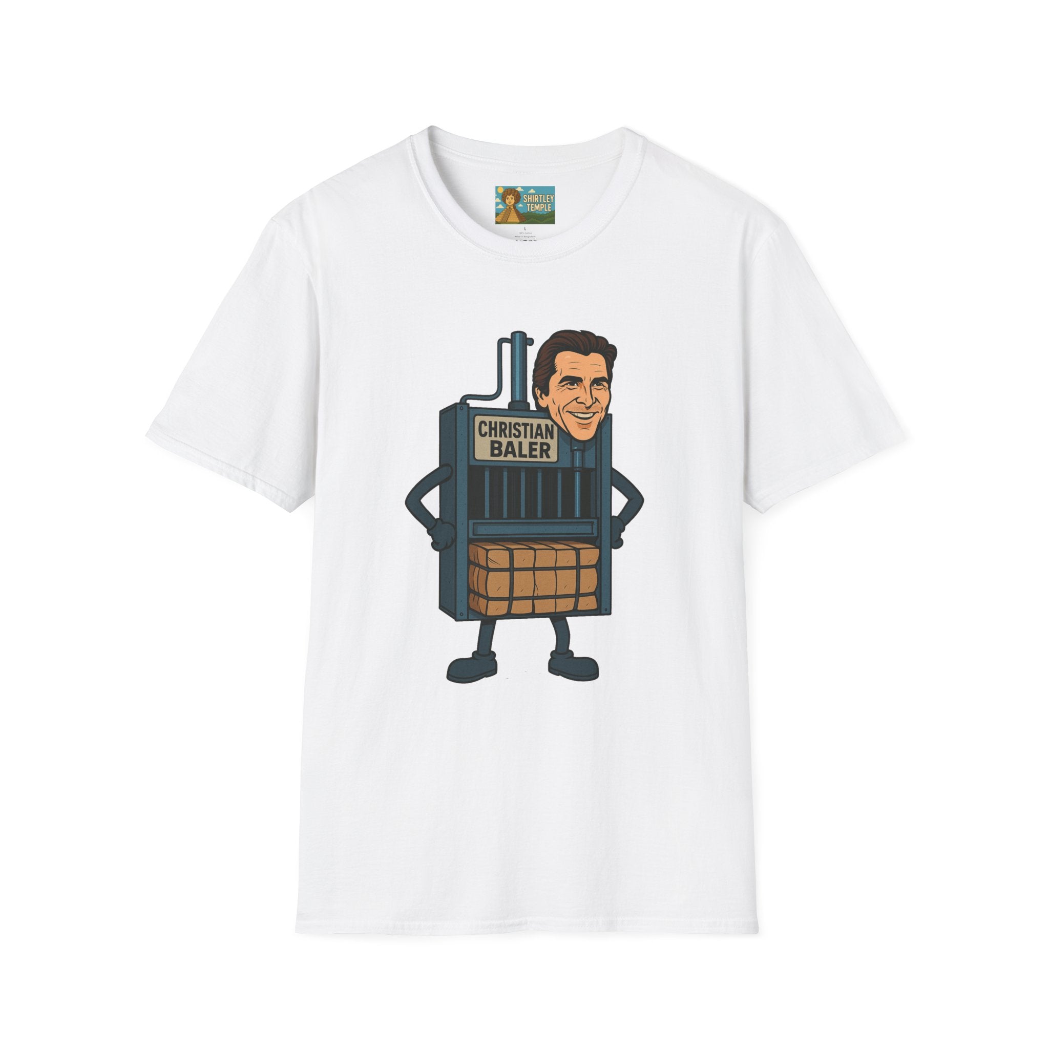 Christian Baler Funny Shirt, Parody Tee, Unisex Softstyle T-Shirt, Comedy Mashup Top, Christian Bale Cardboard Baler Machine, Gift for Movie