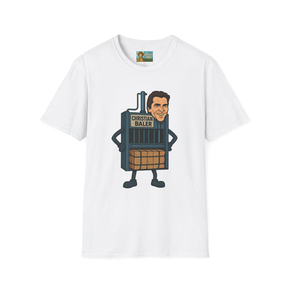 Christian Baler Funny Shirt, Parody Tee, Unisex Softstyle T-Shirt, Comedy Mashup Top, Christian Bale Cardboard Baler Machine, Gift for Movie