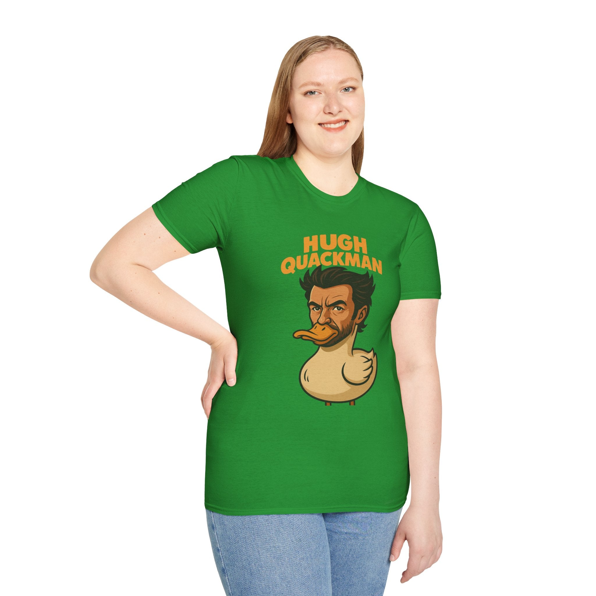Hugh Quackman Funny Shirt, Parody Apparel, Hugh Jackman Duck Tee, Comedy Tribute, Wordplay Mashup, Unisex Softstyle T-Shirt