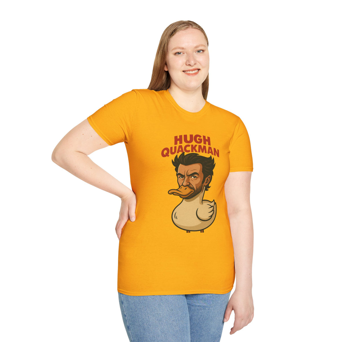Hugh Quackman Funny Shirt, Parody Apparel, Hugh Jackman Duck Tee, Comedy Tribute, Wordplay Mashup, Unisex Softstyle T-Shirt