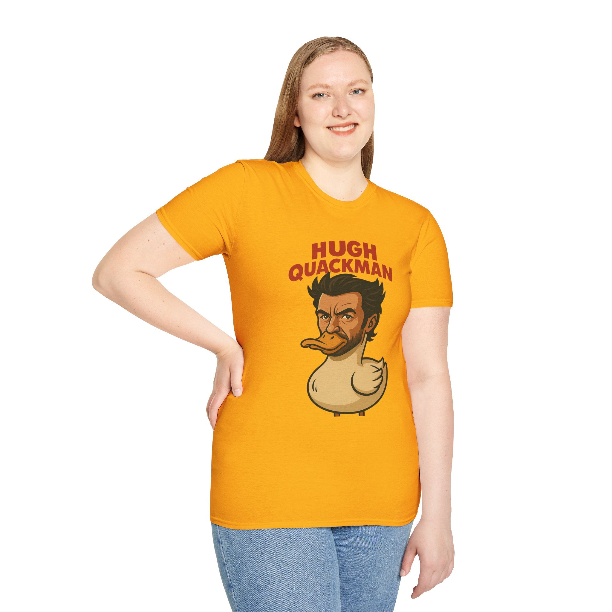 Hugh Quackman Funny Shirt, Parody Apparel, Hugh Jackman Duck Tee, Comedy Tribute, Wordplay Mashup, Unisex Softstyle T-Shirt