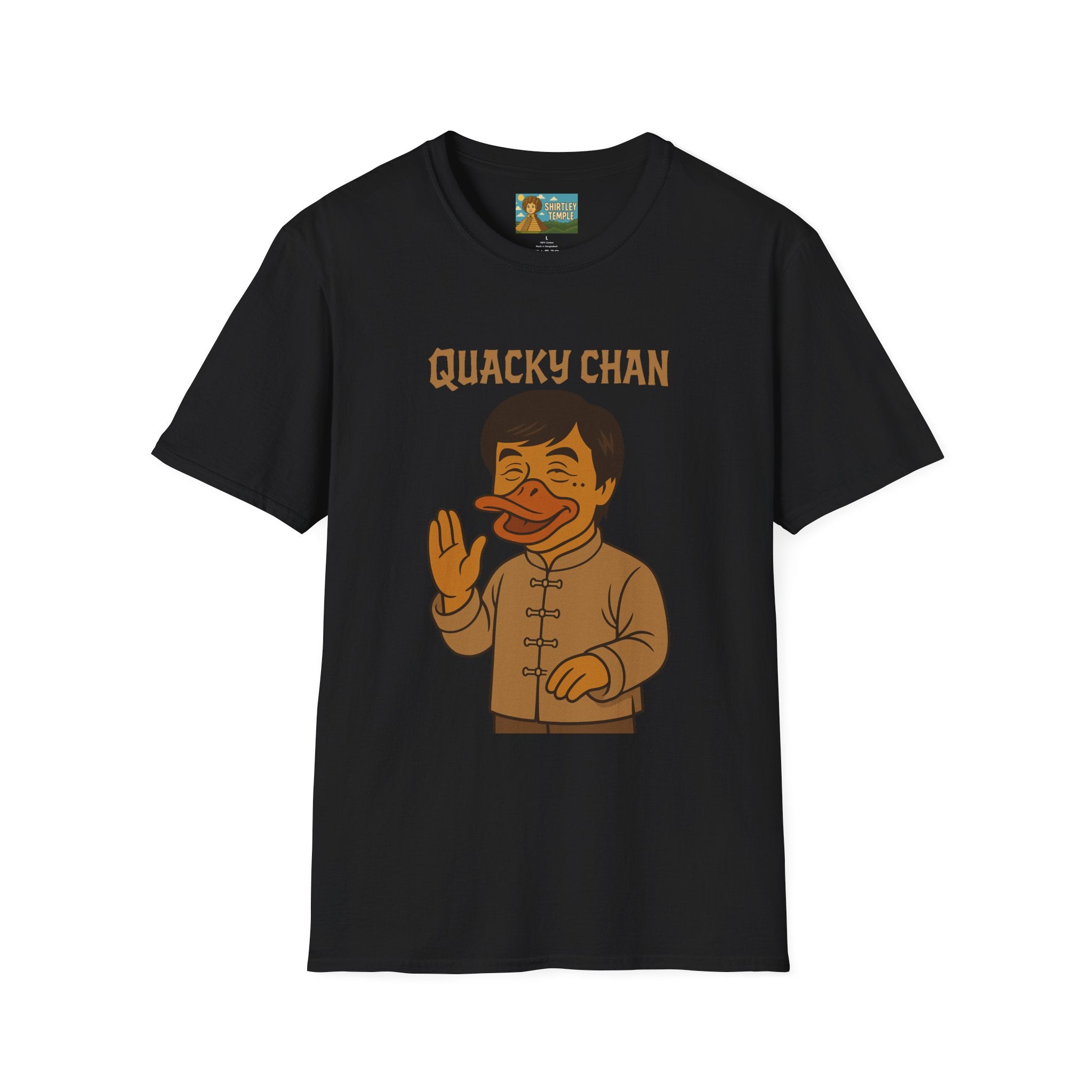 Quacky Chan Funny T-Shirt, Jackie Chan Duck Mashup Tee, Martial Arts Quack Movie Star Shirt, Comedy Parody Apparel, Unisex Softstyle Top