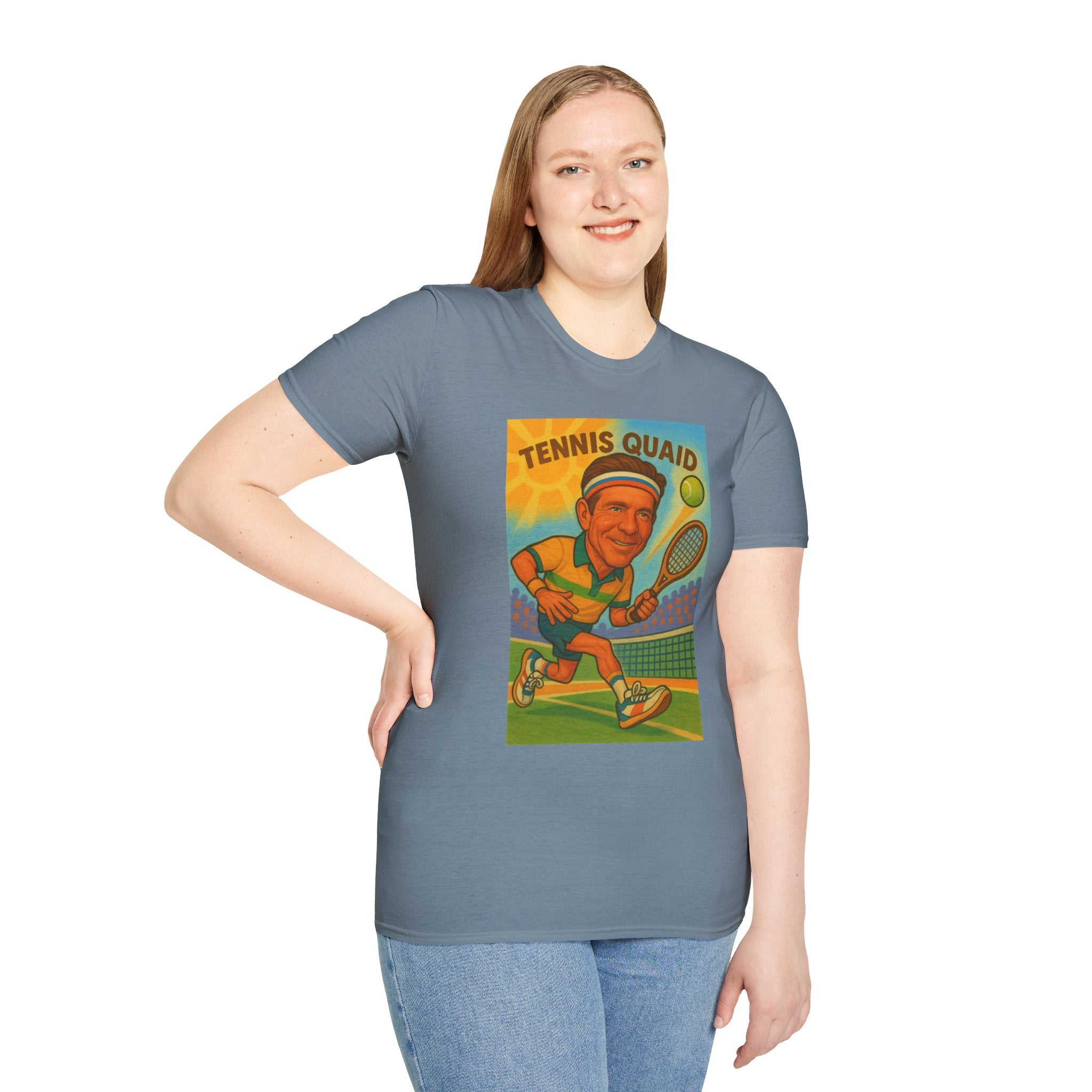 Tennis Quaid Unisex Softstyle T-Shirt, Tennis Player Actor Mashup Tee, Funny Graphic Shirt