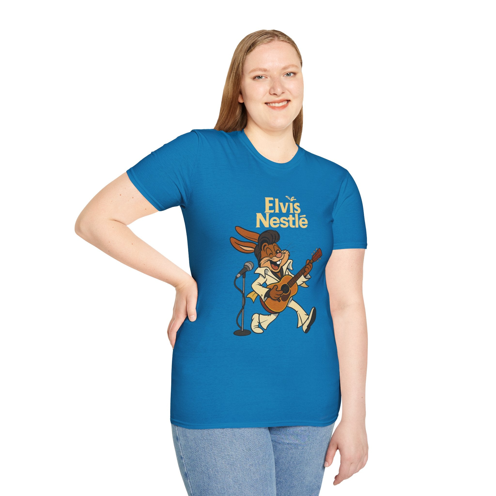 Elvis Nestle Mashup T-Shirt, Rock and Roll Rabbit Funny Tribute Tee, Musician Food Mascot Parody Shirt