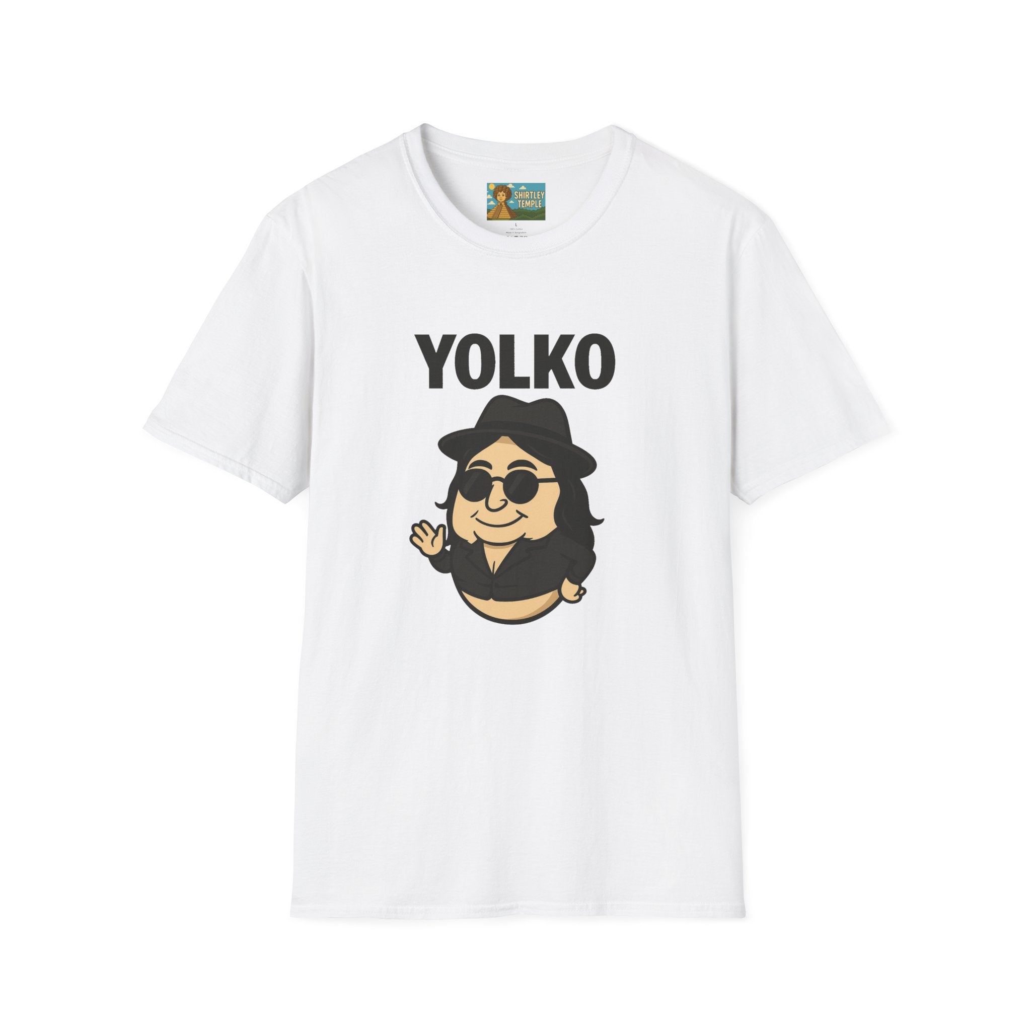 Yolko Funny Parody Unisex Softstyle T-Shirt, Egg Wordplay Tee, Humorous Yoko Tribute Shirt, Novelty Graphic Top, Comical Musician Fan Gift