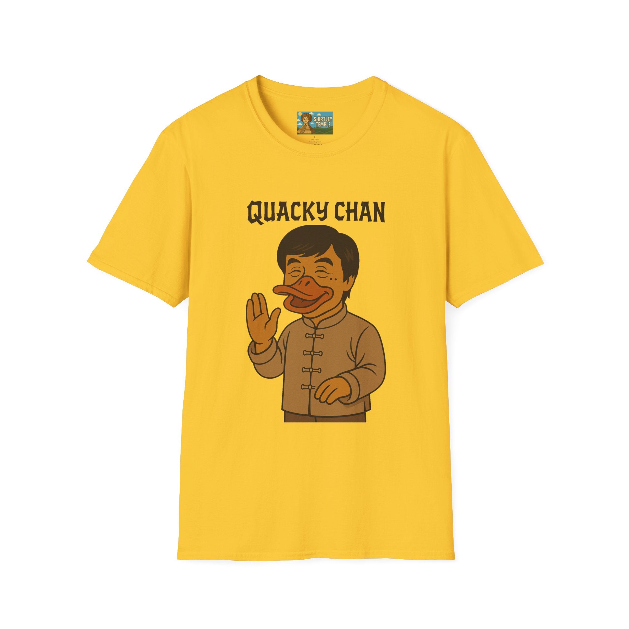 Quacky Chan Funny T-Shirt, Jackie Chan Duck Mashup Tee, Martial Arts Quack Movie Star Shirt, Comedy Parody Apparel, Unisex Softstyle Top