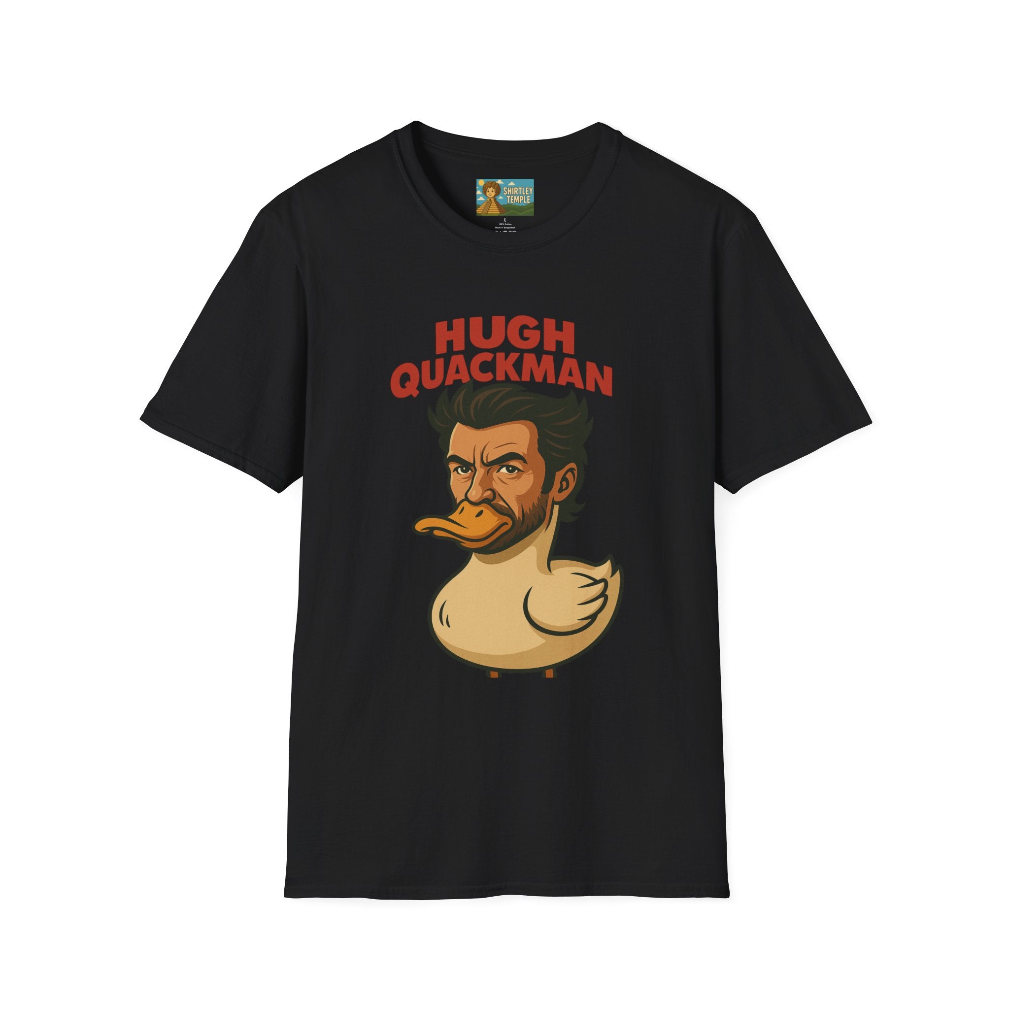 Hugh Quackman Funny Shirt, Parody Apparel, Hugh Jackman Duck Tee, Comedy Tribute, Wordplay Mashup, Unisex Softstyle T-Shirt