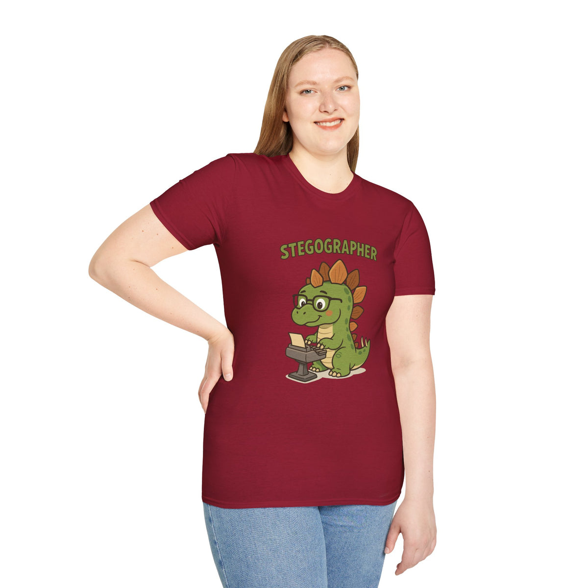 Stegographer Funny Stegosaurus Stenographer Mashup Softstyle Tee, Dino Wordplay Shirt, Unisex Tshirt Gift, Office tee for Dinosaur