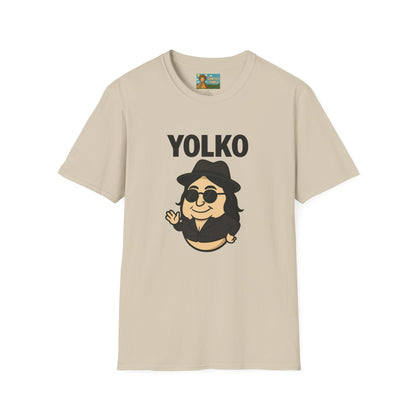 Yolko Funny Parody Unisex Softstyle T-Shirt, Egg Wordplay Tee, Humorous Yoko Tribute Shirt, Novelty Graphic Top, Comical Musician Fan Gift
