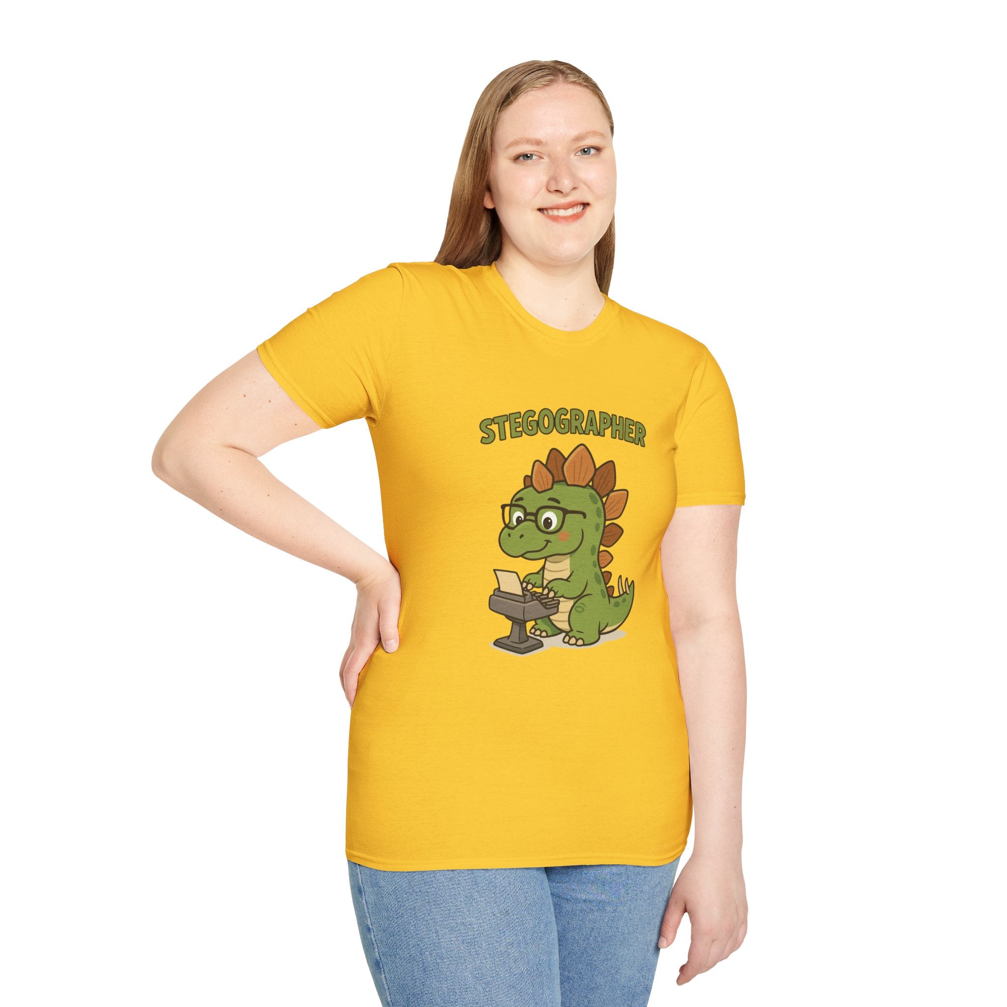 Stegographer Funny Stegosaurus Stenographer Mashup Softstyle Tee, Dino Wordplay Shirt, Unisex Tshirt Gift, Office tee for Dinosaur