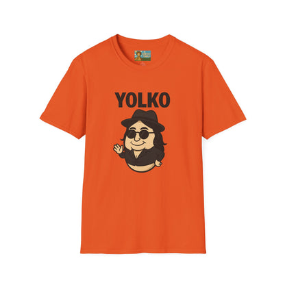 Yolko Funny Parody Unisex Softstyle T-Shirt, Egg Wordplay Tee, Humorous Yoko Tribute Shirt, Novelty Graphic Top, Comical Musician Fan Gift