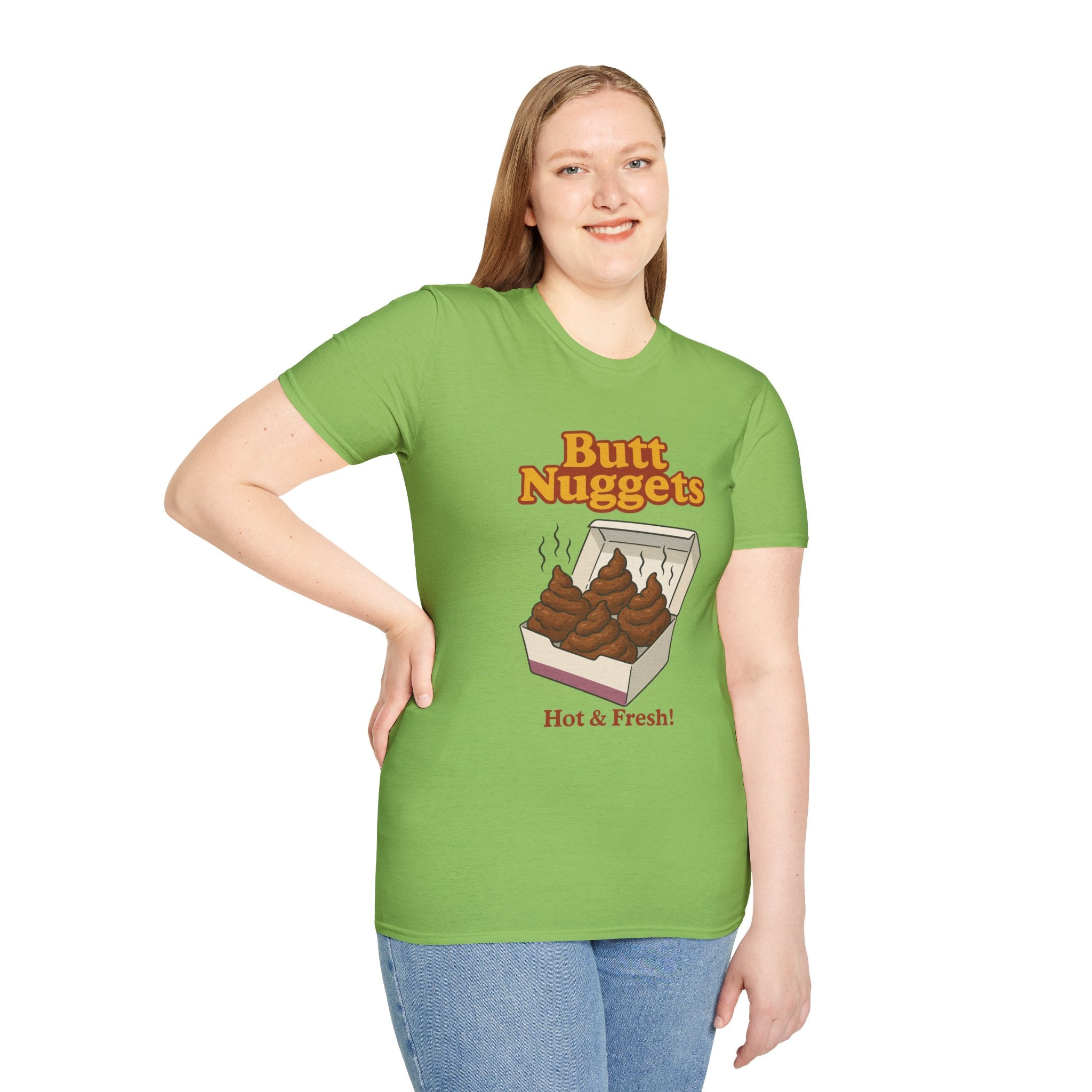 Butt Nuggets Funny Unisex Softstyle T-Shirt, Chicken Poop Pun Tee, Hilarious Wordplay Apparel, Comfy Graphic Shirt, Unisex Shirt for Joke