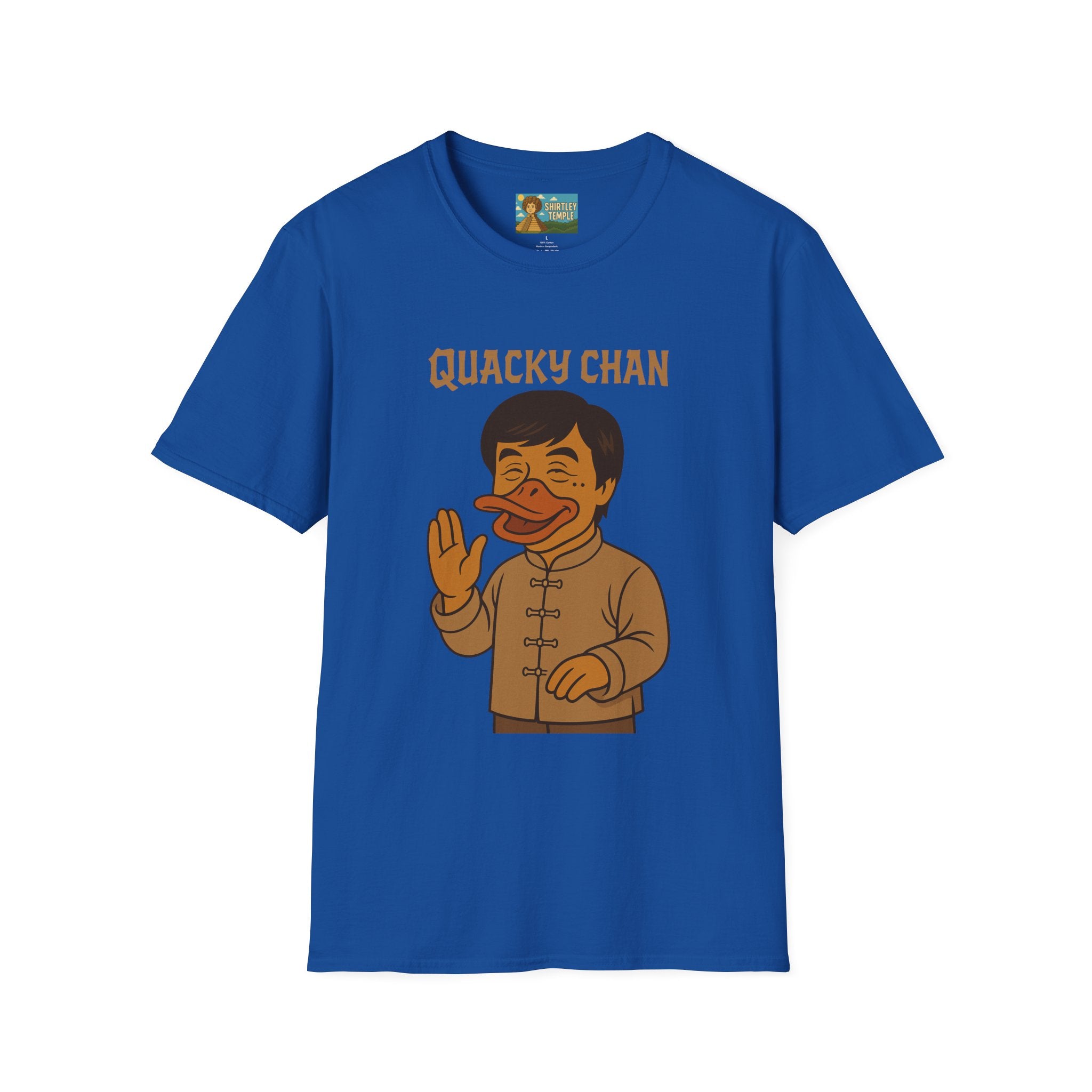 Quacky Chan Funny T-Shirt, Jackie Chan Duck Mashup Tee, Martial Arts Quack Movie Star Shirt, Comedy Parody Apparel, Unisex Softstyle Top