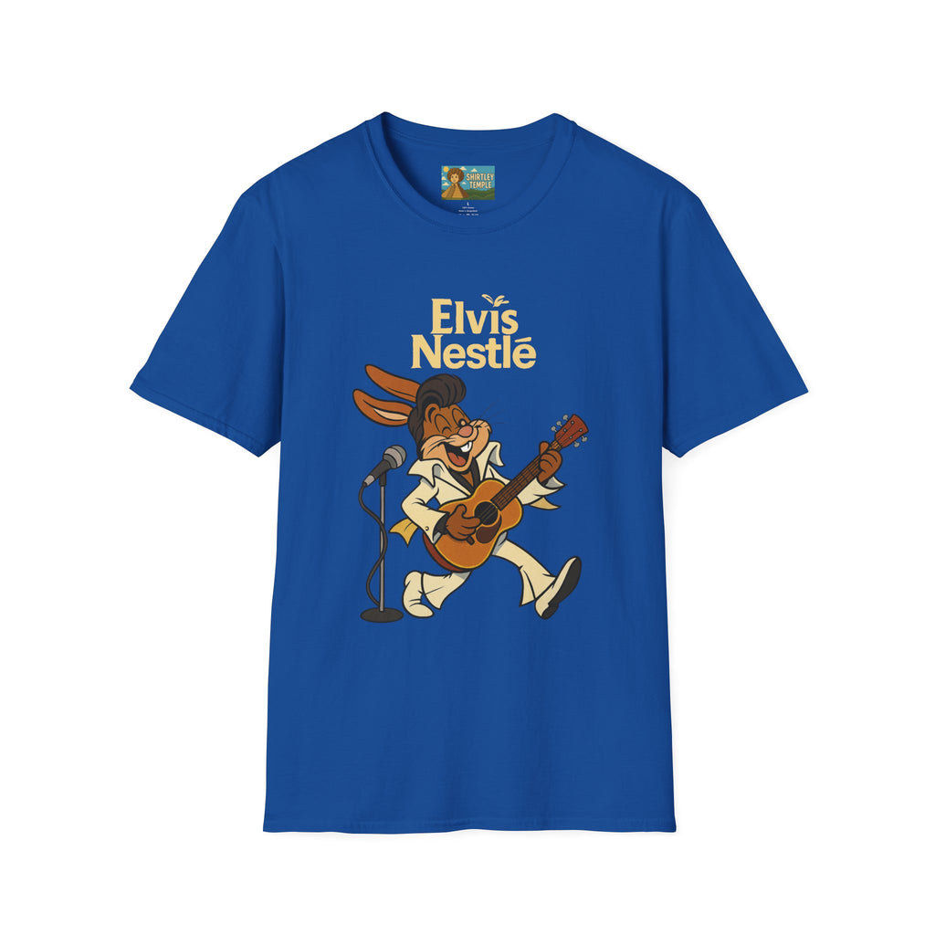 Elvis Nestle Mashup T-Shirt, Rock and Roll Rabbit Funny Tribute Tee, Musician Food Mascot Parody Shirt
