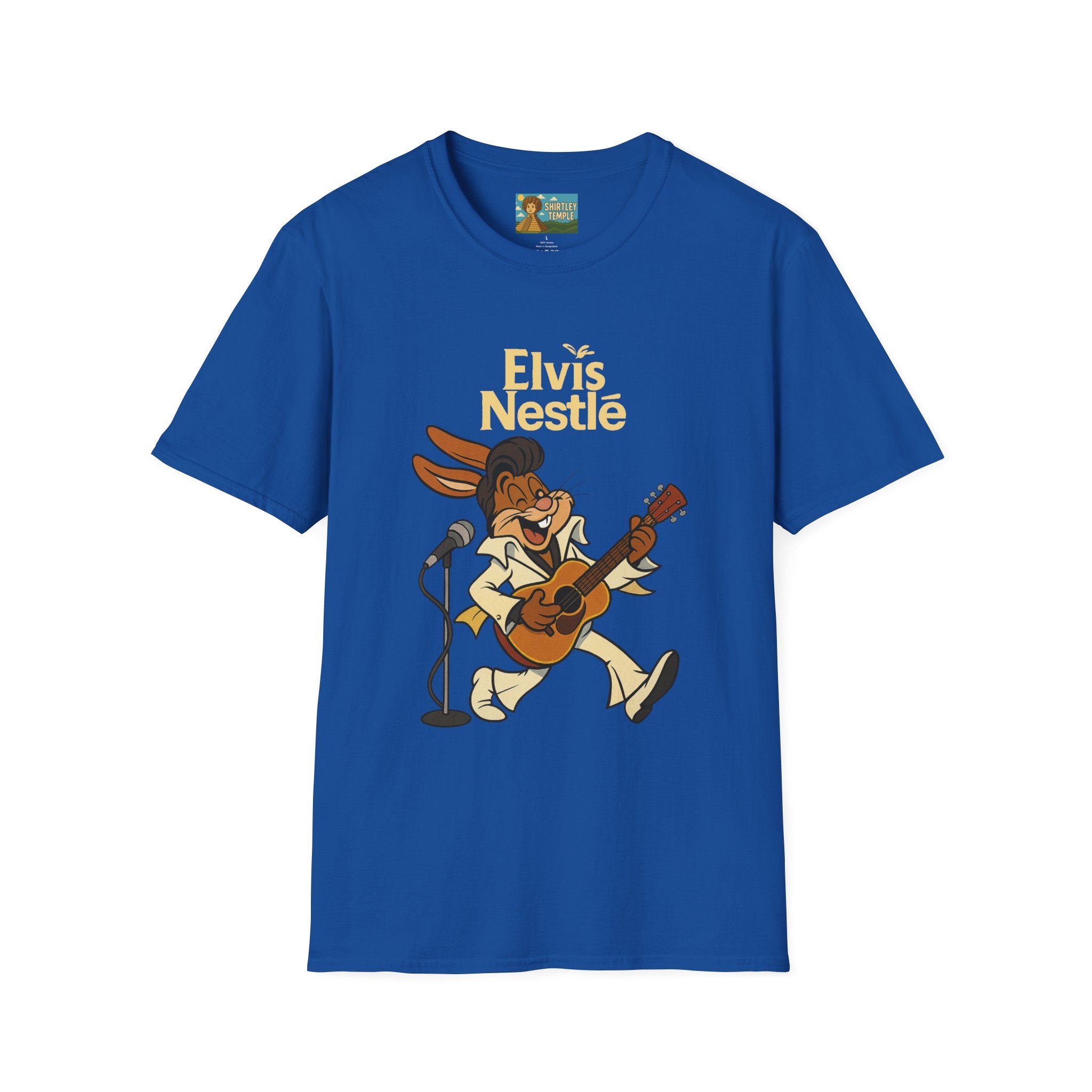 Elvis Nestle Mashup T-Shirt, Rock and Roll Rabbit Funny Tribute Tee, Musician Food Mascot Parody Shirt