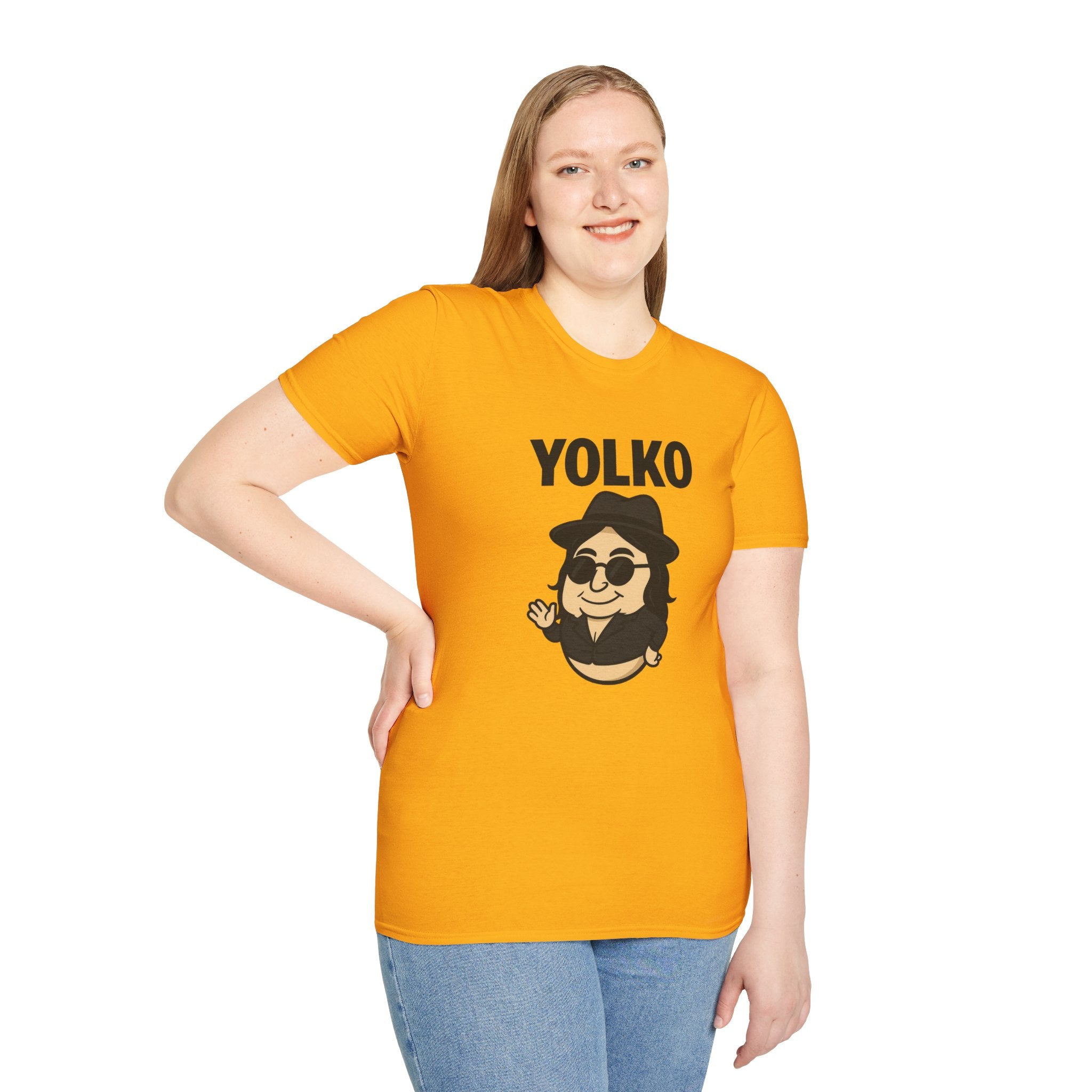 Yolko Funny Parody Unisex Softstyle T-Shirt, Egg Wordplay Tee, Humorous Yoko Tribute Shirt, Novelty Graphic Top, Comical Musician Fan Gift