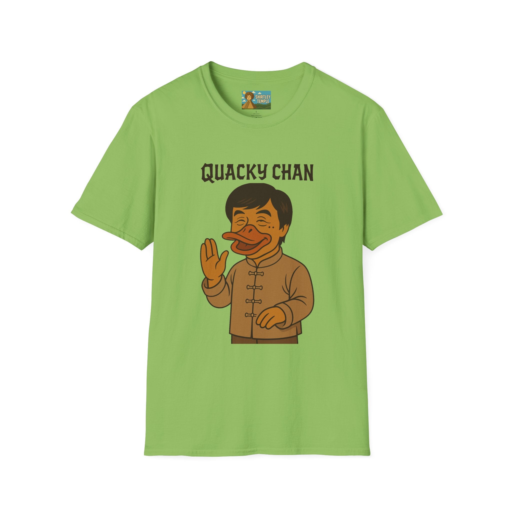 Quacky Chan Funny T-Shirt, Jackie Chan Duck Mashup Tee, Martial Arts Quack Movie Star Shirt, Comedy Parody Apparel, Unisex Softstyle Top