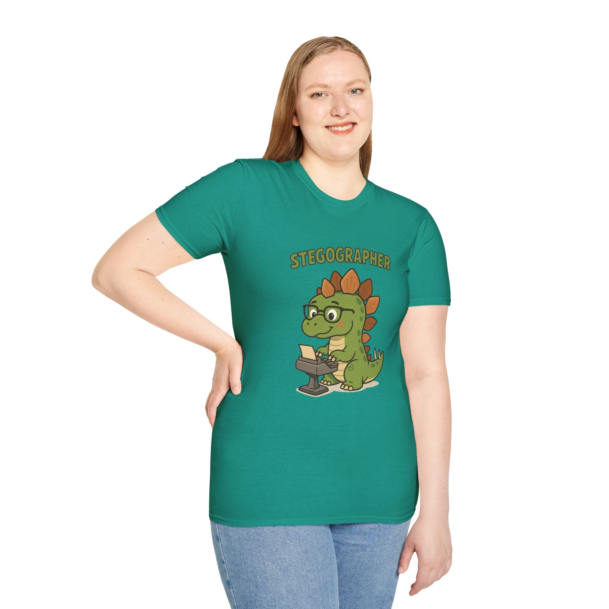Stegographer Funny Stegosaurus Stenographer Mashup Softstyle Tee, Dino Wordplay Shirt, Unisex Tshirt Gift, Office tee for Dinosaur