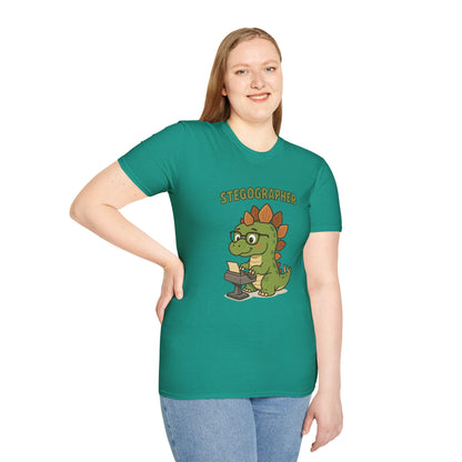 Stegographer Funny Stegosaurus Stenographer Mashup Softstyle Tee, Dino Wordplay Shirt, Unisex Tshirt Gift, Office tee for Dinosaur