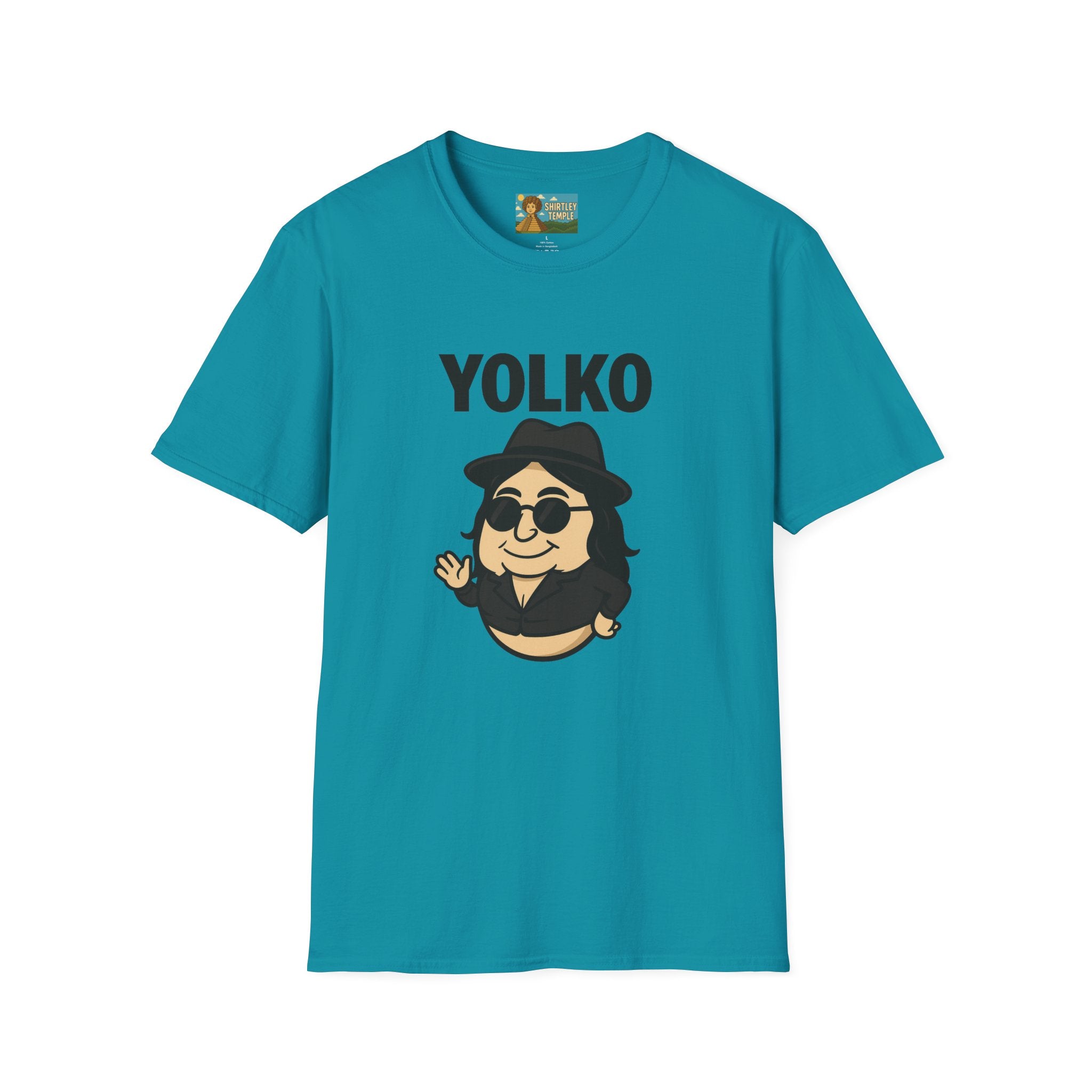 Yolko Funny Parody Unisex Softstyle T-Shirt, Egg Wordplay Tee, Humorous Yoko Tribute Shirt, Novelty Graphic Top, Comical Musician Fan Gift