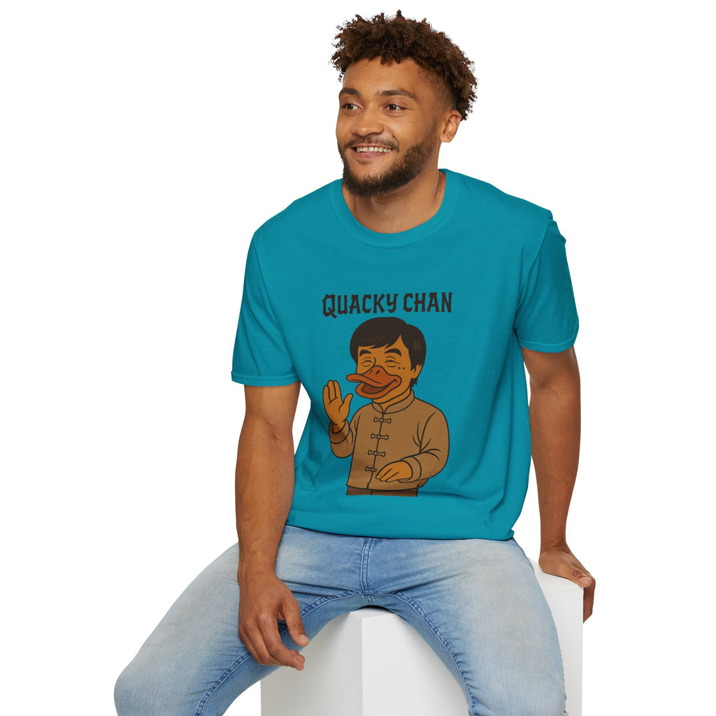 Quacky Chan Funny T-Shirt, Jackie Chan Duck Mashup Tee, Martial Arts Quack Movie Star Shirt, Comedy Parody Apparel, Unisex Softstyle Top