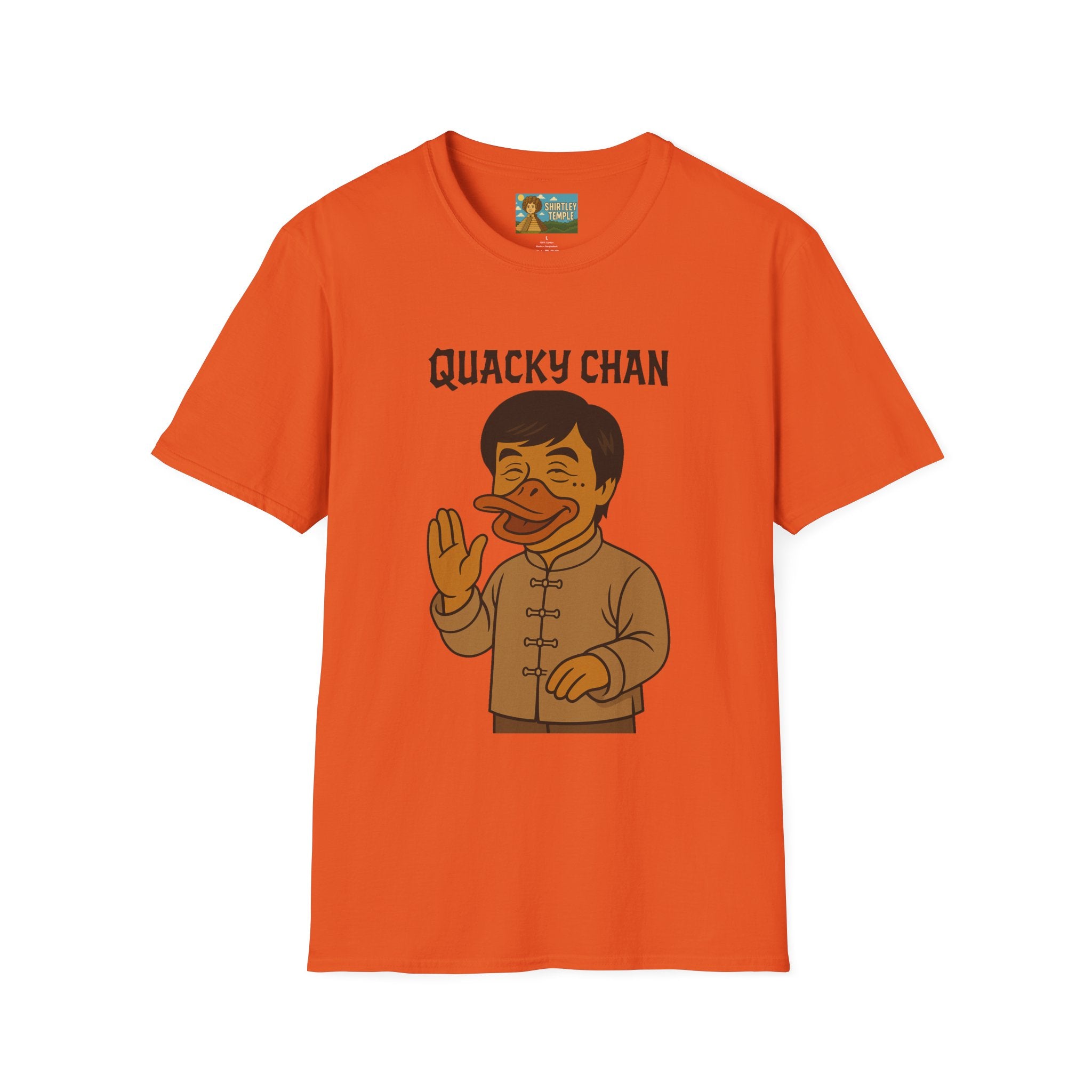 Quacky Chan Funny T-Shirt, Jackie Chan Duck Mashup Tee, Martial Arts Quack Movie Star Shirt, Comedy Parody Apparel, Unisex Softstyle Top