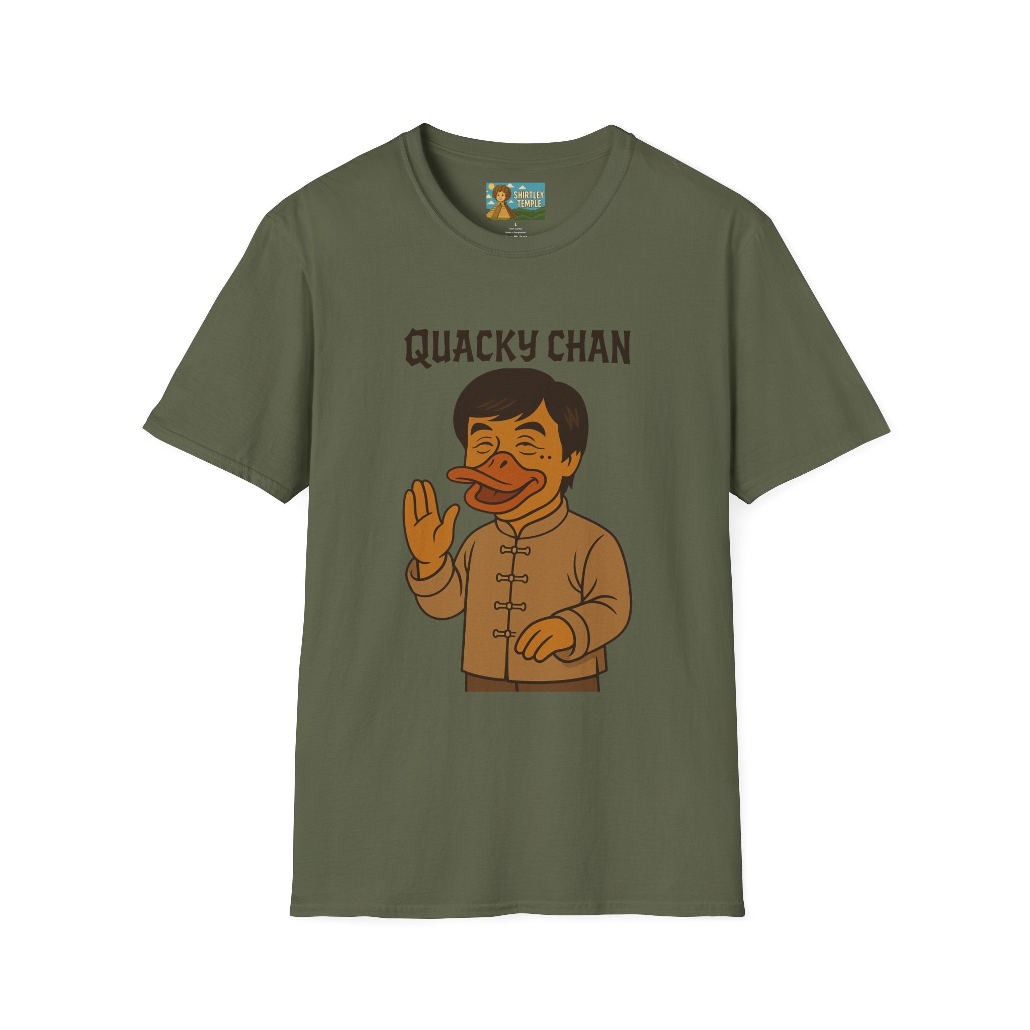 Quacky Chan Funny T-Shirt, Jackie Chan Duck Mashup Tee, Martial Arts Quack Movie Star Shirt, Comedy Parody Apparel, Unisex Softstyle Top