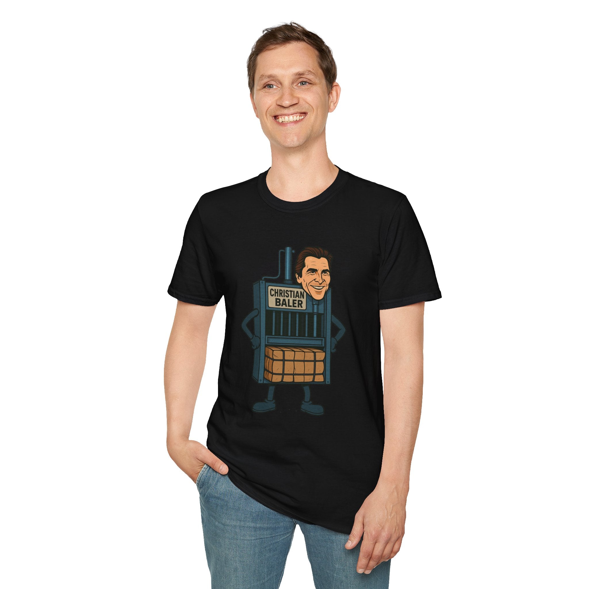 Christian Baler Funny Shirt, Parody Tee, Unisex Softstyle T-Shirt, Comedy Mashup Top, Christian Bale Cardboard Baler Machine, Gift for Movie