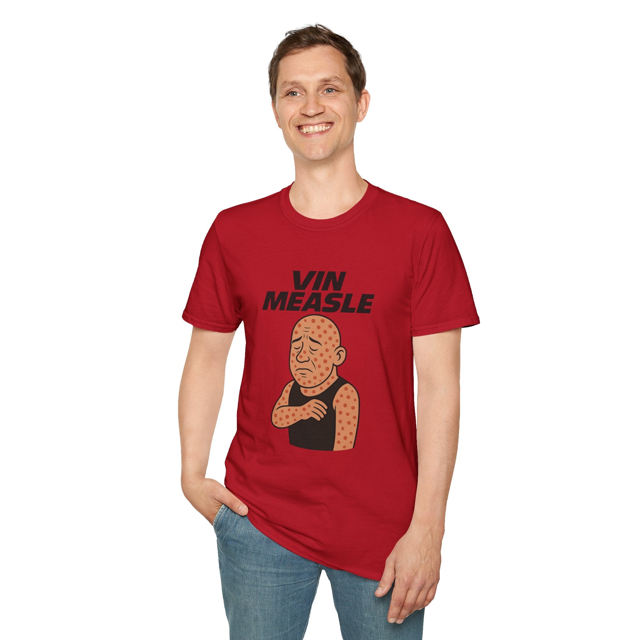 Vin Measle Parody Unisex Softstyle T-Shirt, Actor Measles Wordplay Tee, Humorous Graphic Tee Shirt, Comedy Movie Fan Gift, Lightweight