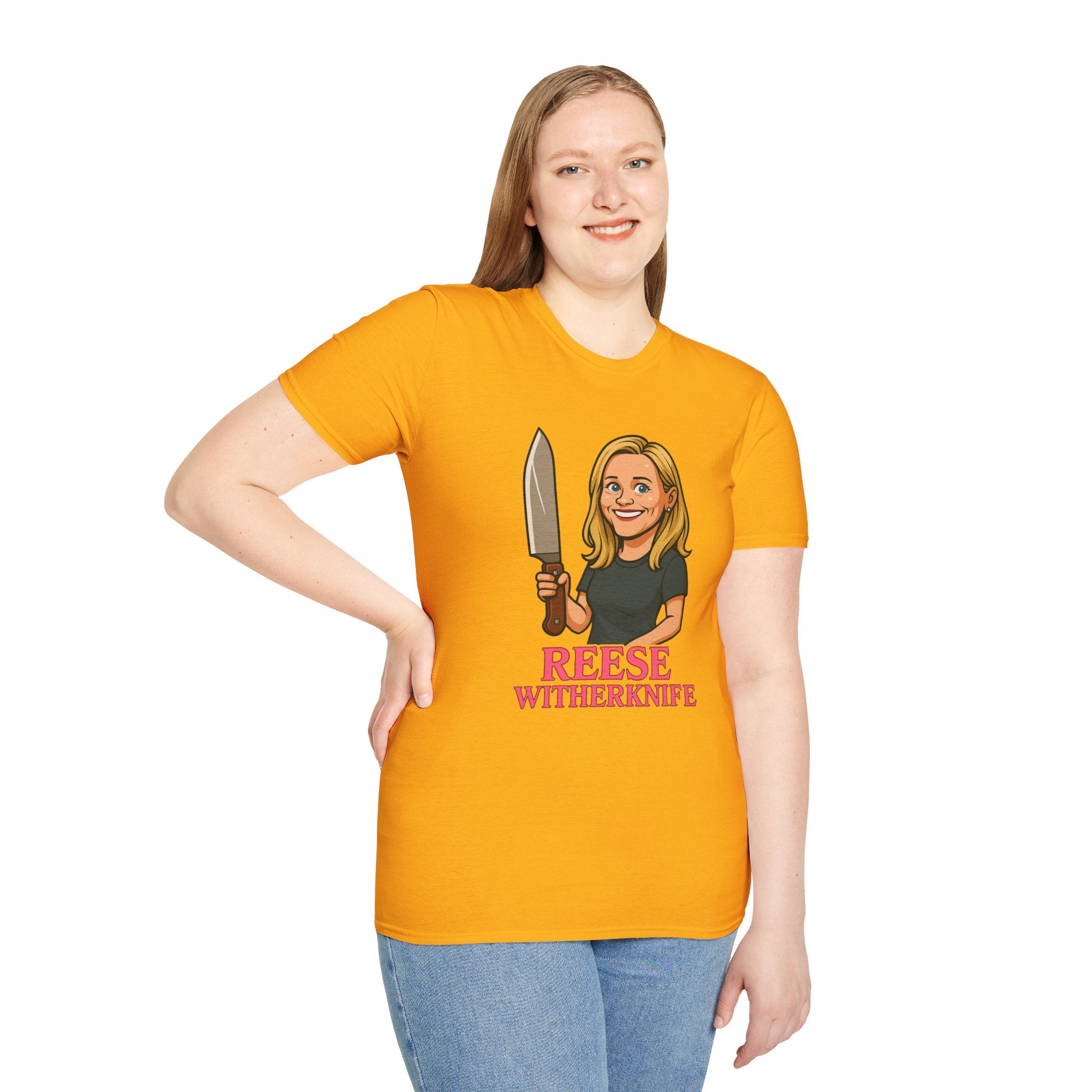 Reese Witherknife Funny Shirt, Comedy Parody Actress Tee, Unisex Softstyle T-Shirt, Wordplay Giant Knife Top, Gift for Movie Lovers, Pop