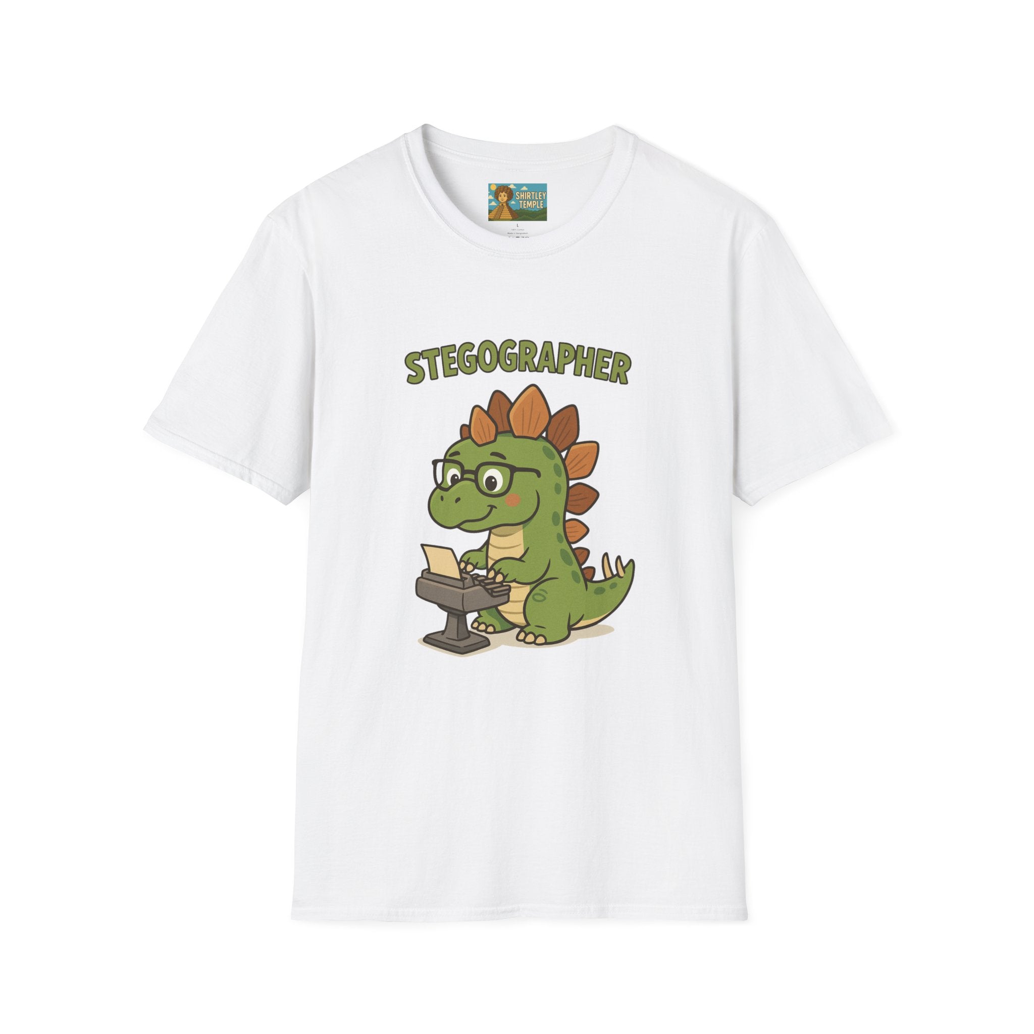 Stegographer Funny Stegosaurus Stenographer Mashup Softstyle Tee, Dino Wordplay Shirt, Unisex Tshirt Gift, Office tee for Dinosaur