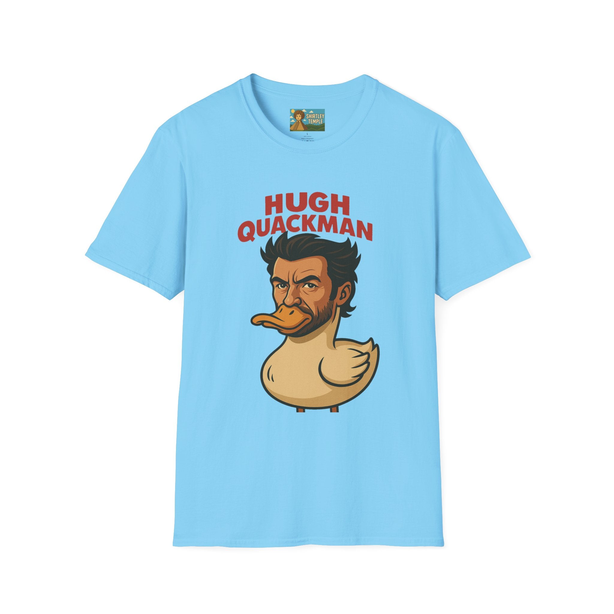 Hugh Quackman Funny Shirt, Parody Apparel, Hugh Jackman Duck Tee, Comedy Tribute, Wordplay Mashup, Unisex Softstyle T-Shirt