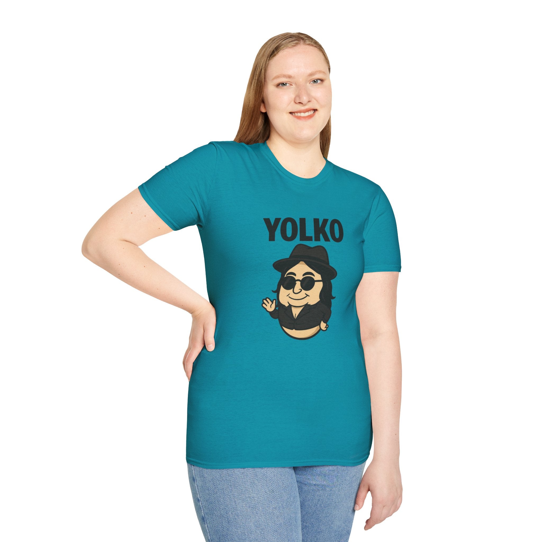 Yolko Funny Parody Unisex Softstyle T-Shirt, Egg Wordplay Tee, Humorous Yoko Tribute Shirt, Novelty Graphic Top, Comical Musician Fan Gift