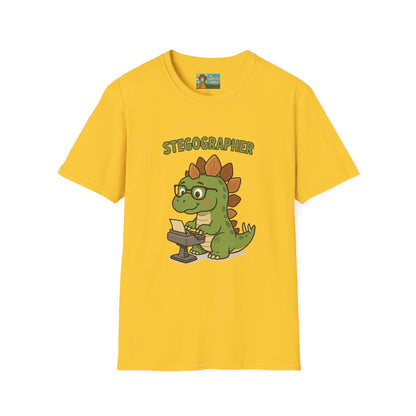 Stegographer Funny Stegosaurus Stenographer Mashup Softstyle Tee, Dino Wordplay Shirt, Unisex Tshirt Gift, Office tee for Dinosaur