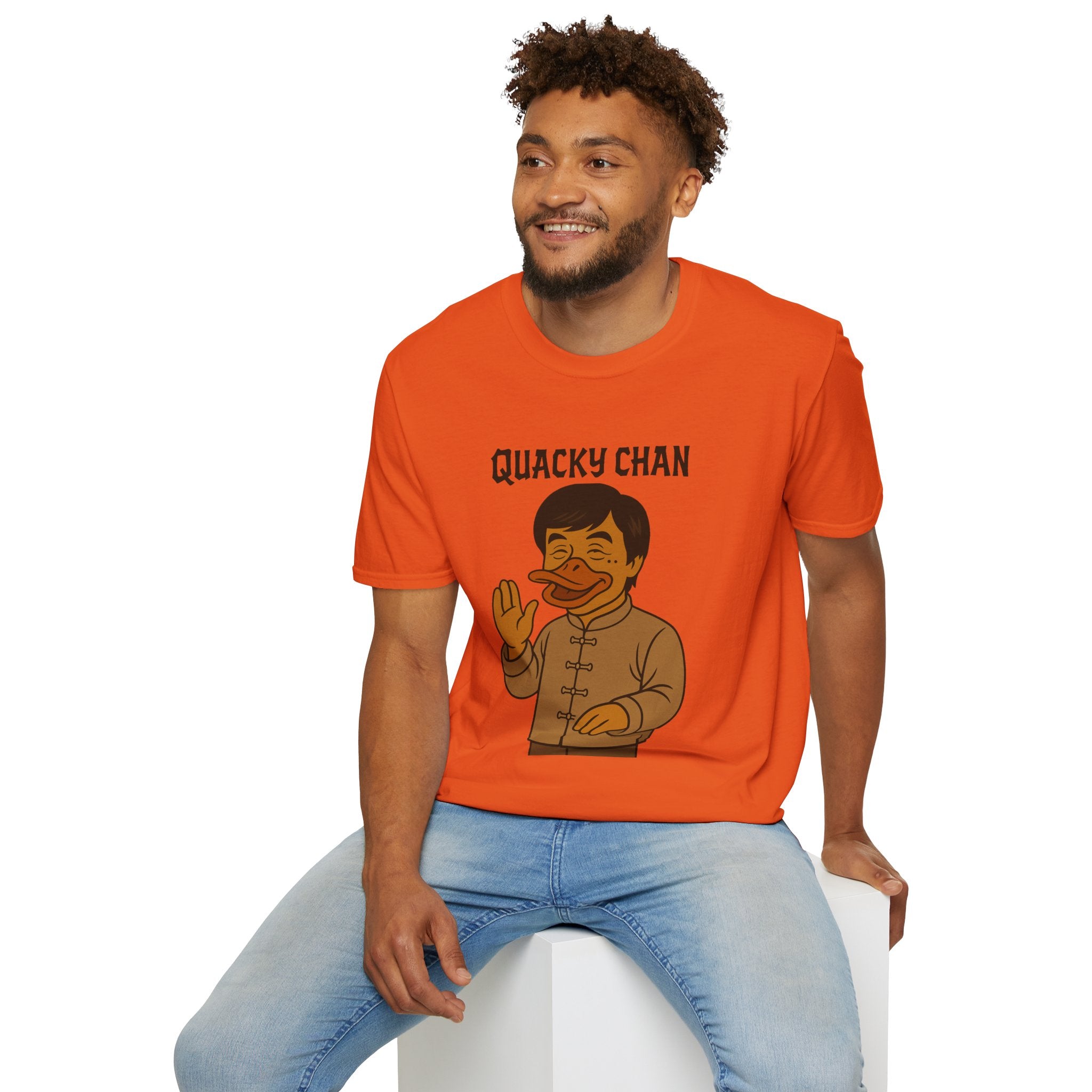 Quacky Chan Funny T-Shirt, Jackie Chan Duck Mashup Tee, Martial Arts Quack Movie Star Shirt, Comedy Parody Apparel, Unisex Softstyle Top