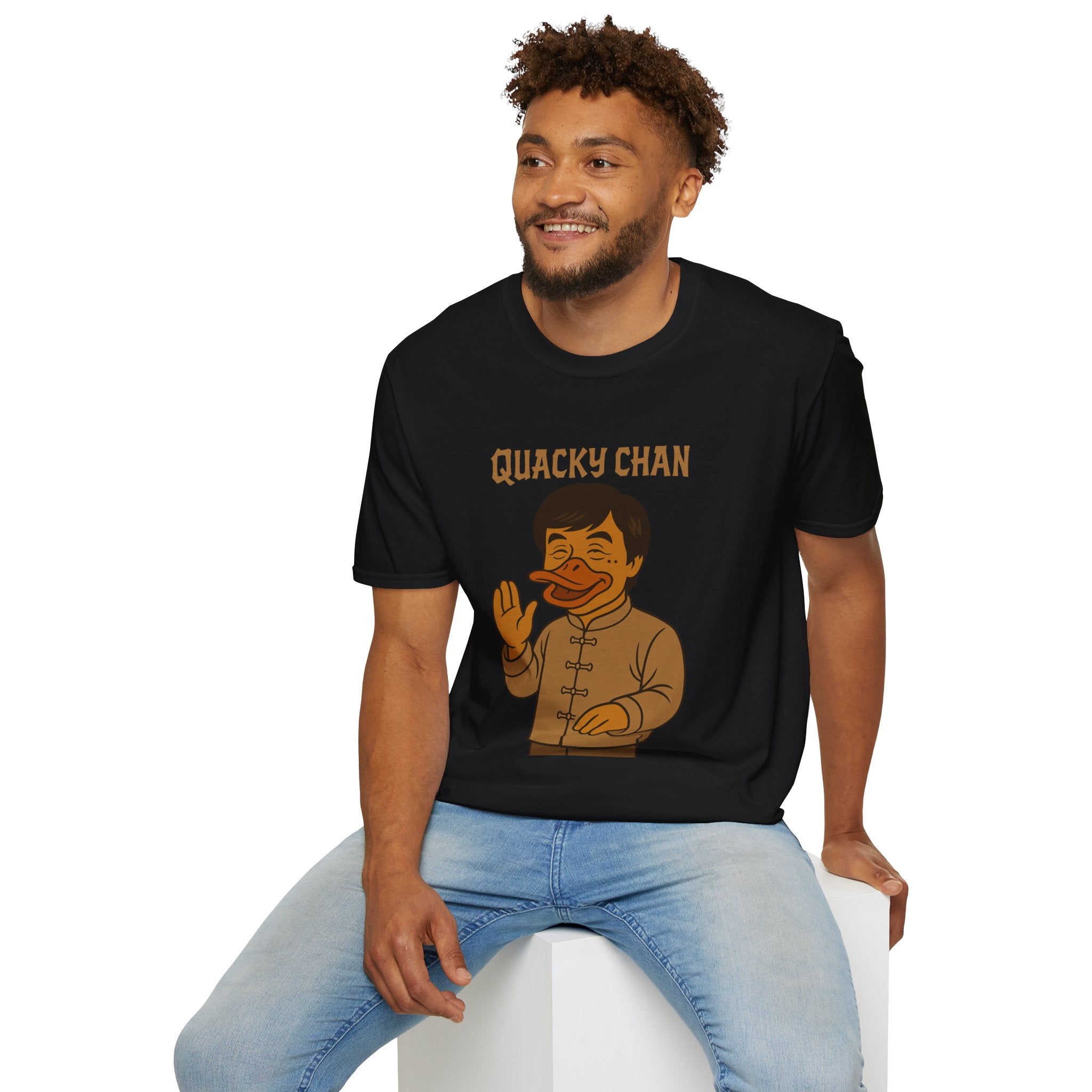 Quacky Chan Funny T-Shirt, Jackie Chan Duck Mashup Tee, Martial Arts Quack Movie Star Shirt, Comedy Parody Apparel, Unisex Softstyle Top
